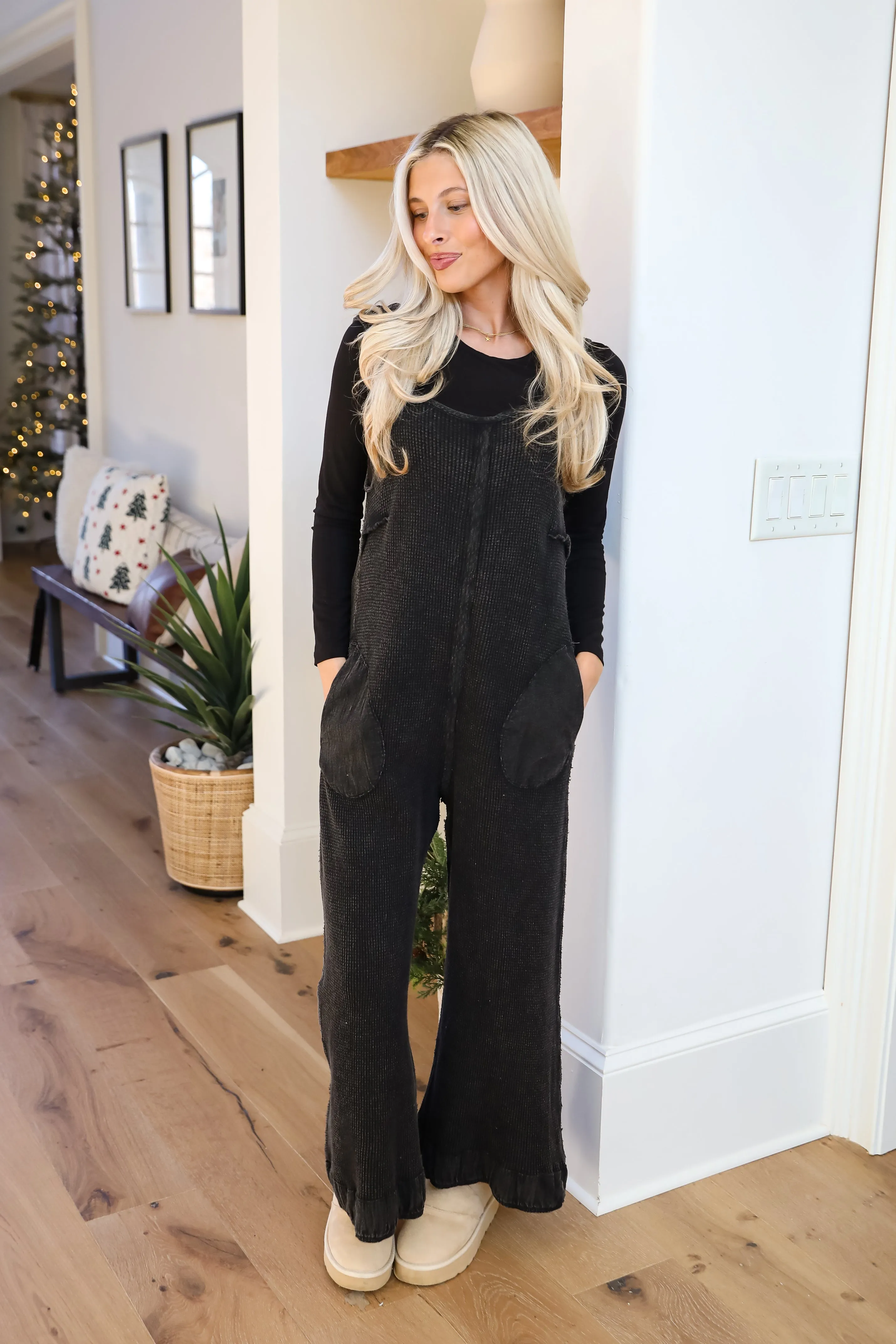 Impressively Popular Black Waffle Knit Jumpsuit