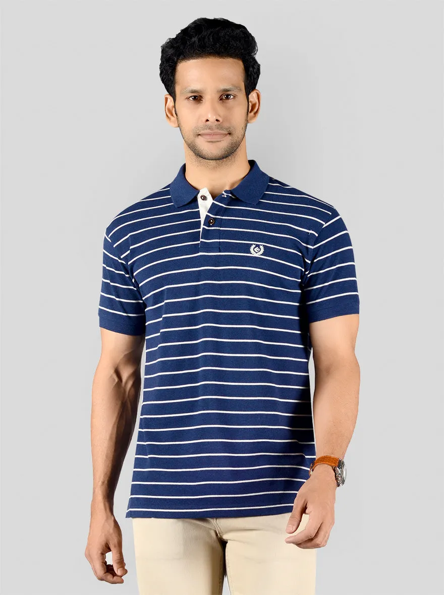 Indigo Blue Striped Slim Fit Polo T-shirt | Greenfibre