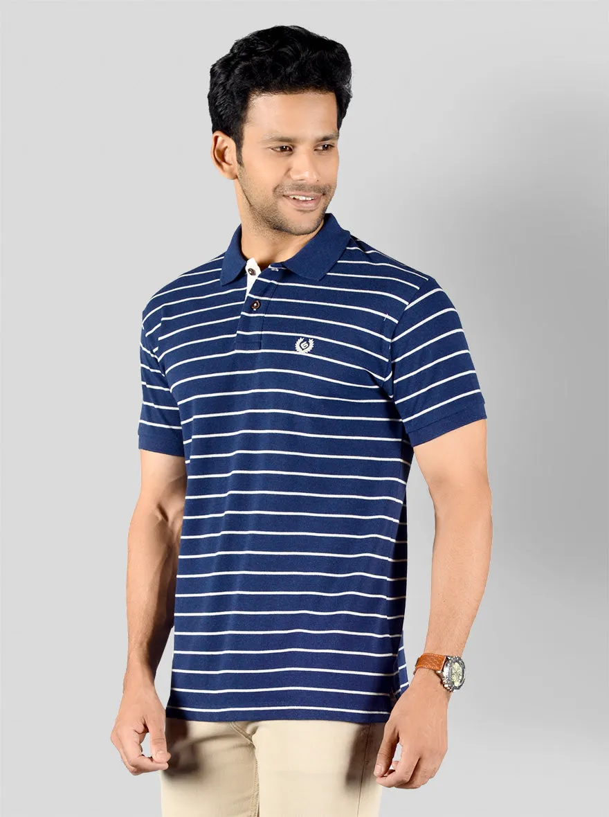 Indigo Blue Striped Slim Fit Polo T-shirt | Greenfibre