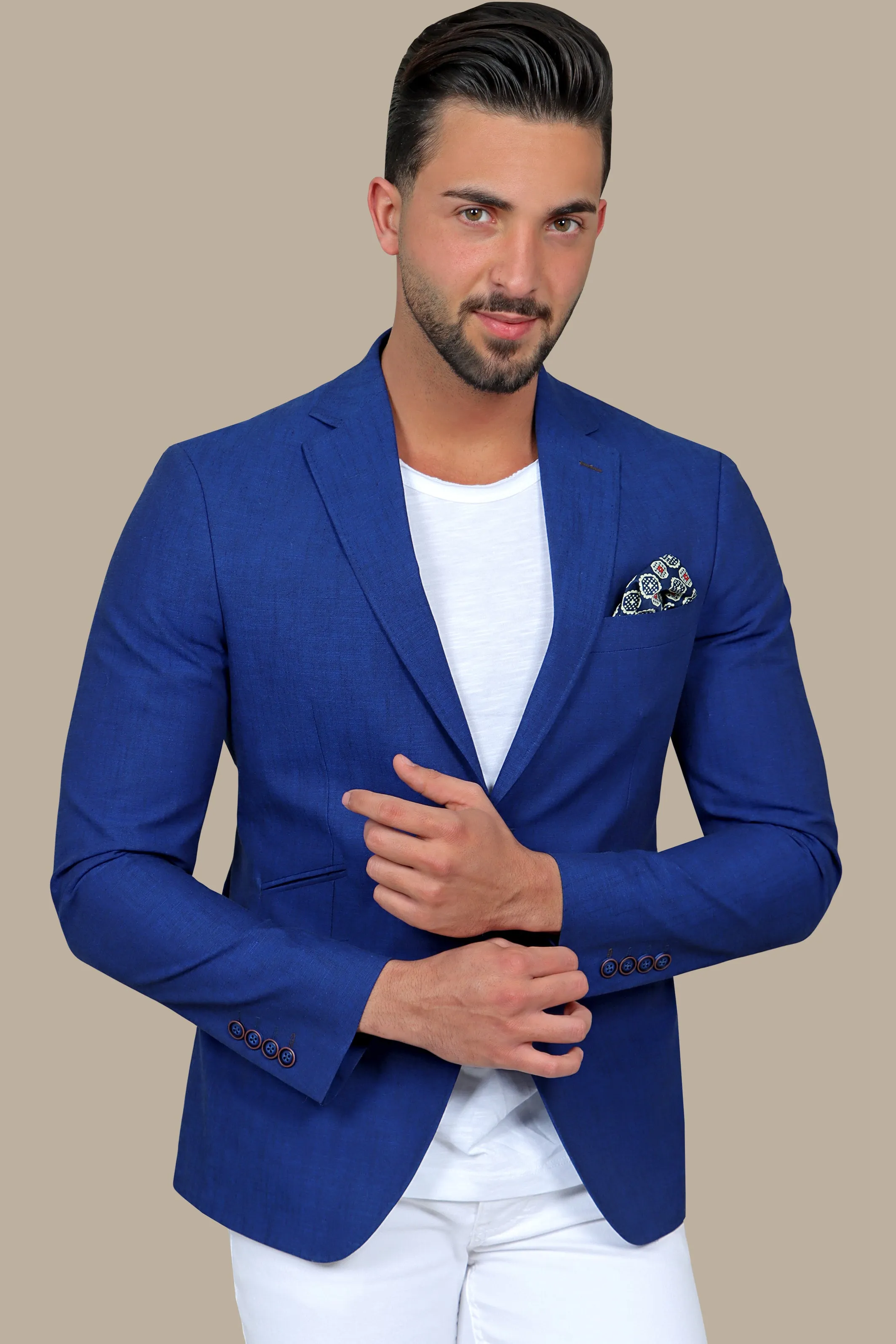 Indigo Elegance: Linen Blazer with Slanted Detail