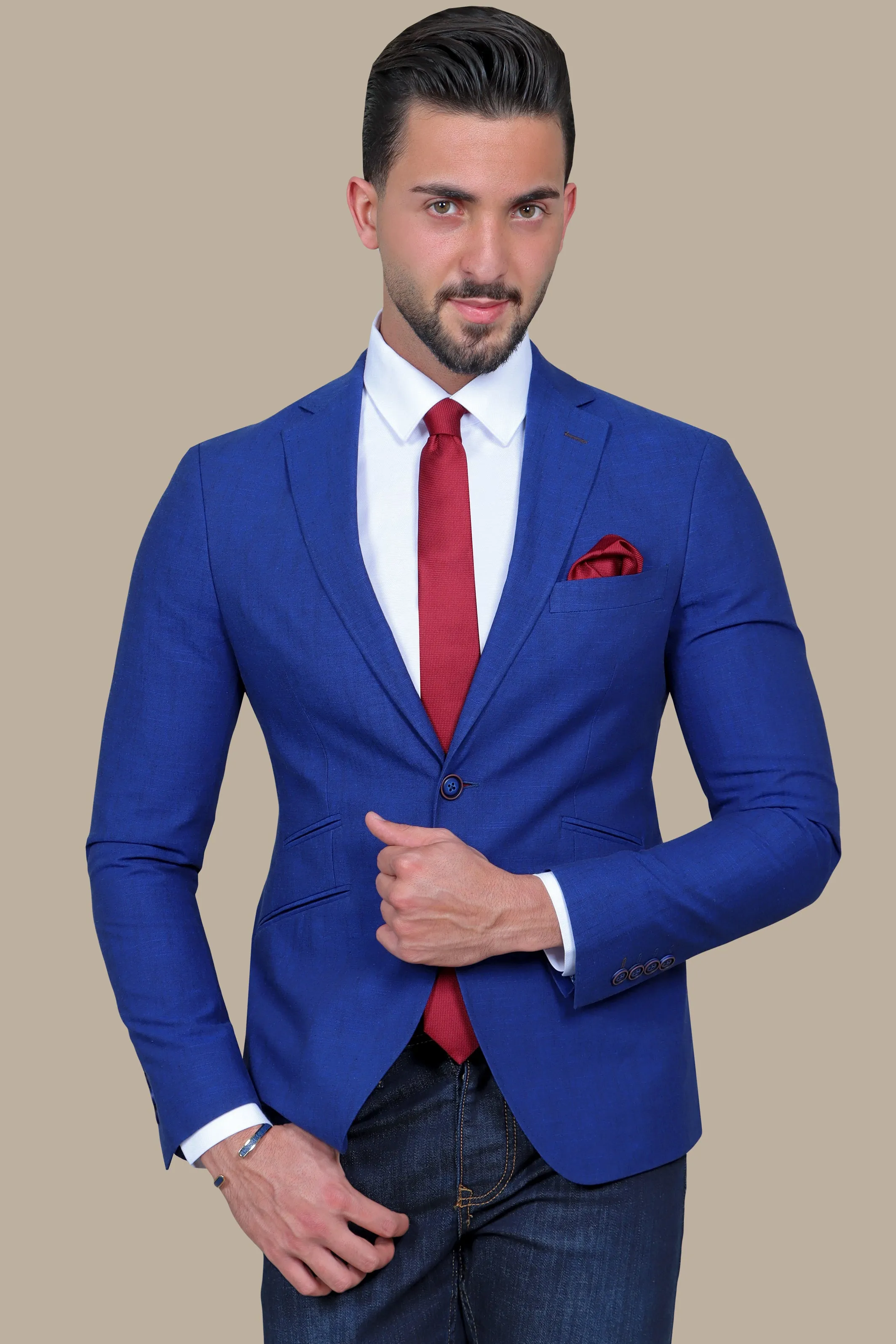 Indigo Elegance: Linen Blazer with Slanted Detail