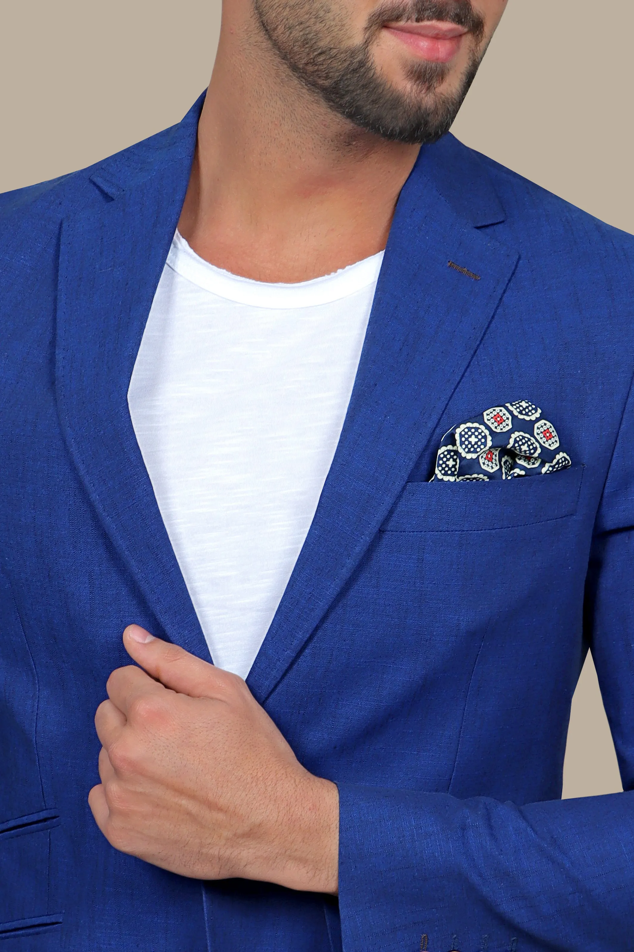 Indigo Elegance: Linen Blazer with Slanted Detail