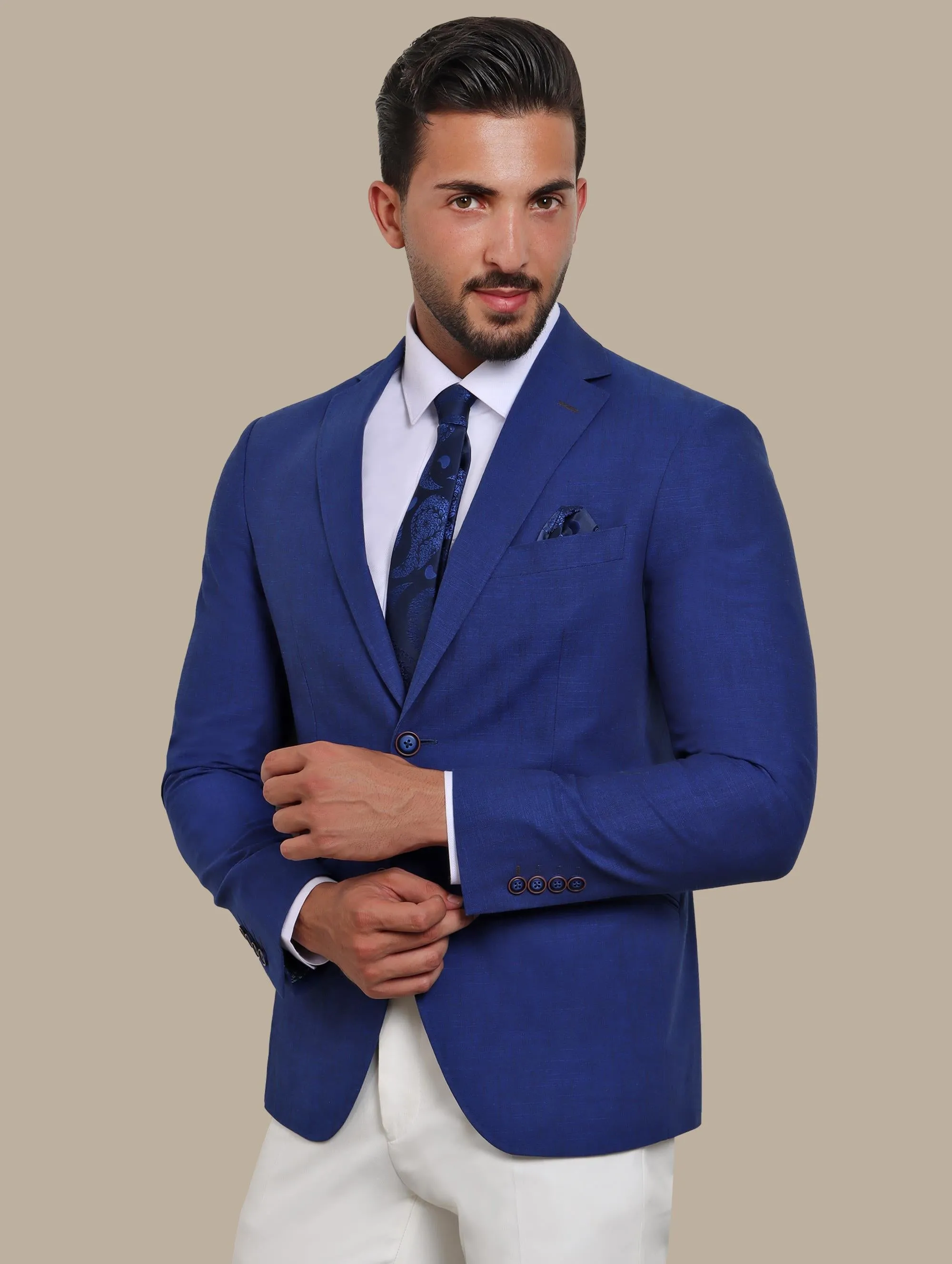 Indigo Elegance: Linen Blazer with Slanted Detail