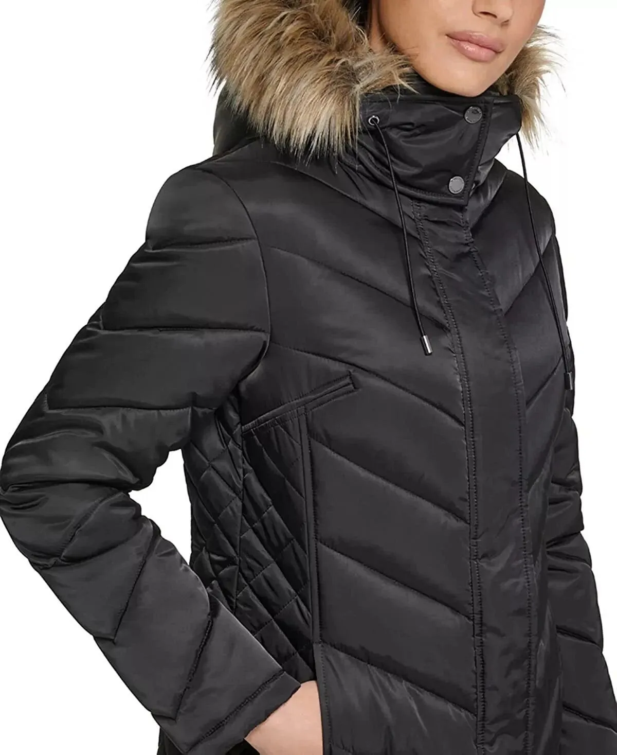 Kenneth Cole Women's Mid-Length Chevron Quilted Puffer Jacket Hooded Coat with Faux Fur Trim