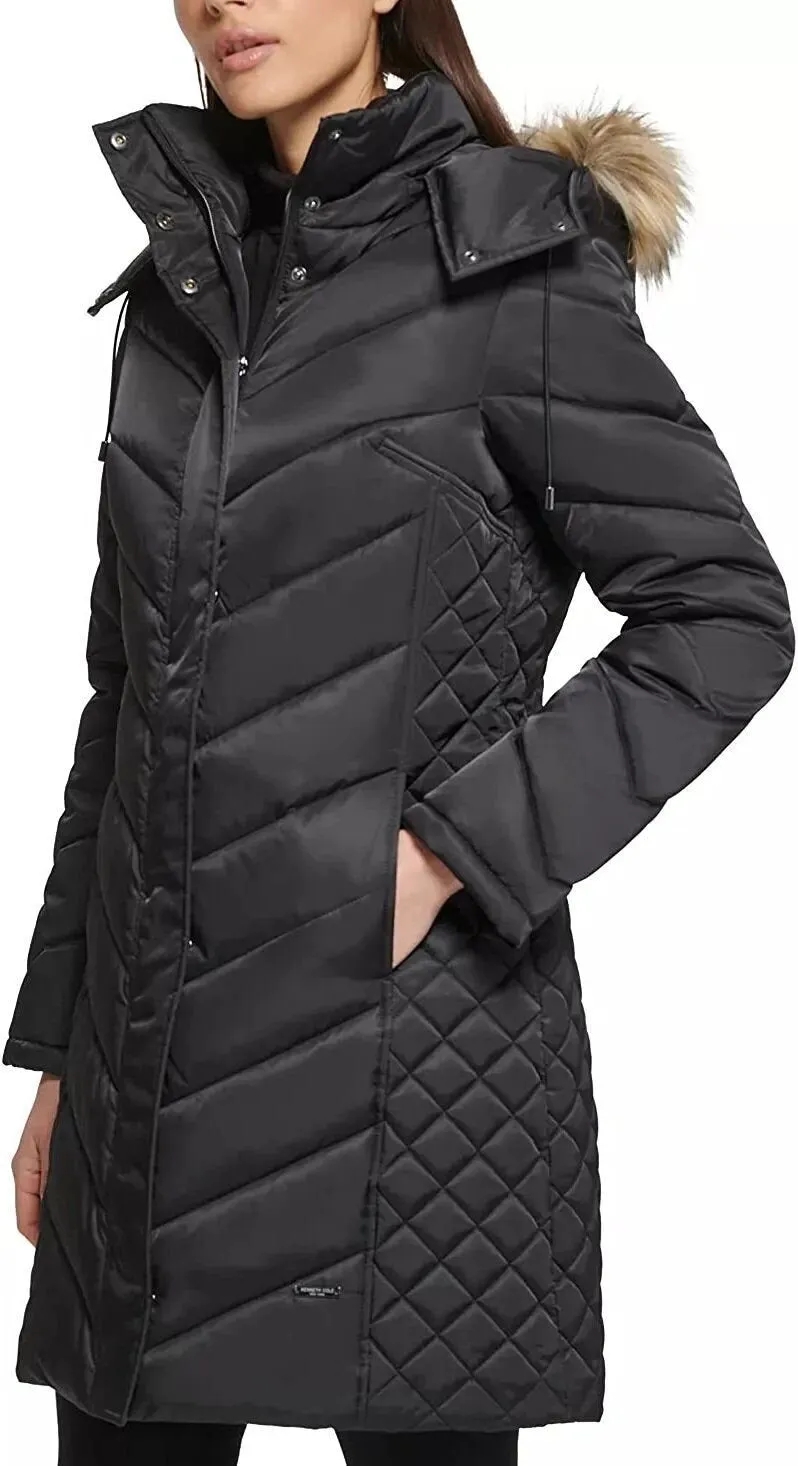 Kenneth Cole Women's Mid-Length Chevron Quilted Puffer Jacket Hooded Coat with Faux Fur Trim