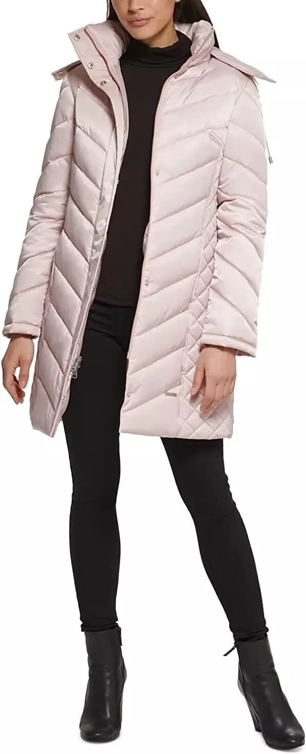 Kenneth Cole Women's Mid-Length Chevron Quilted Puffer Jacket Hooded Coat with Faux Fur Trim