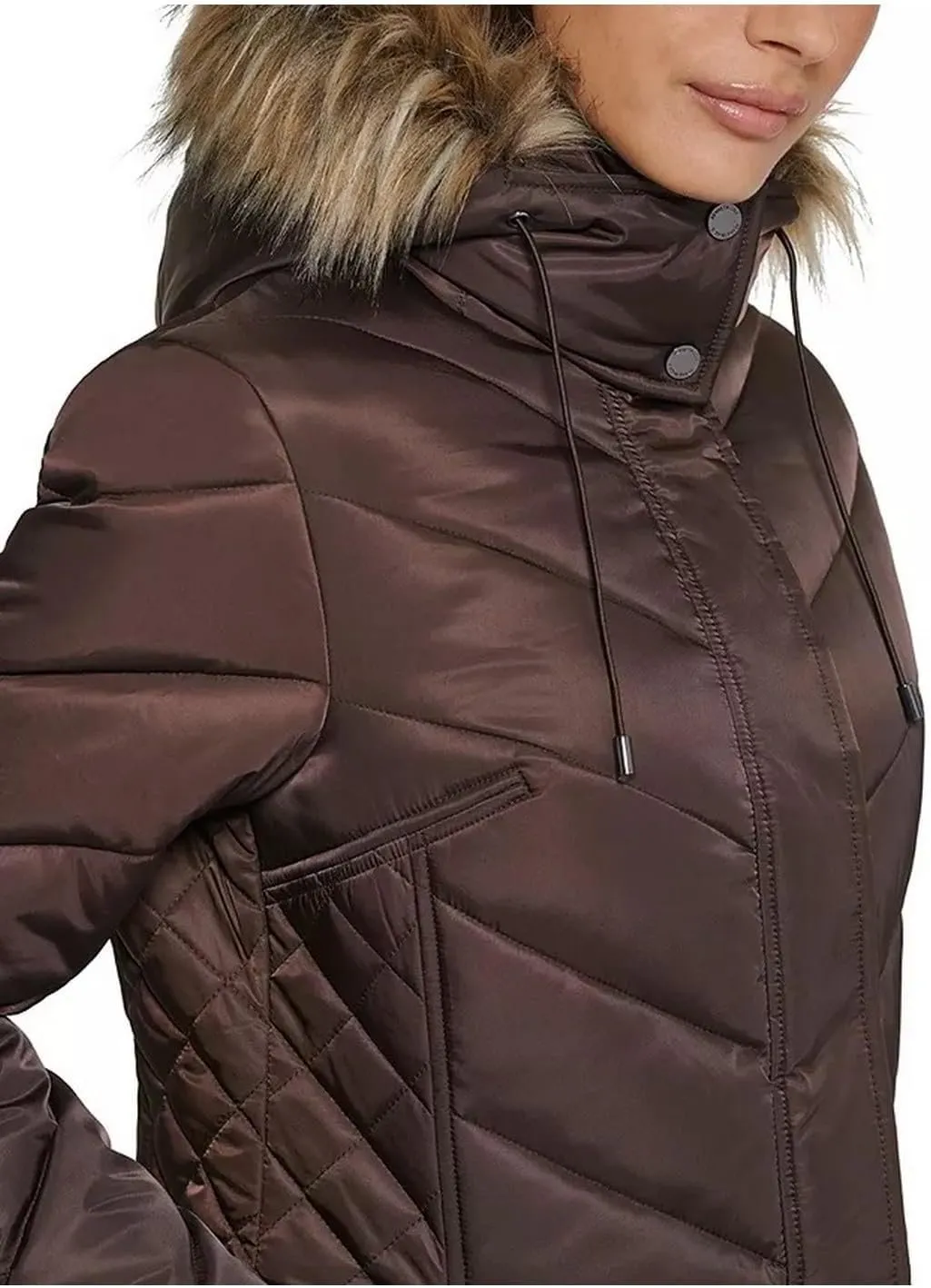 Kenneth Cole Women's Mid-Length Chevron Quilted Puffer Jacket Hooded Coat with Faux Fur Trim