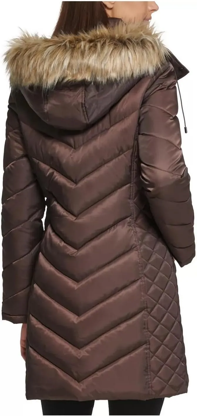 Kenneth Cole Women's Mid-Length Chevron Quilted Puffer Jacket Hooded Coat with Faux Fur Trim