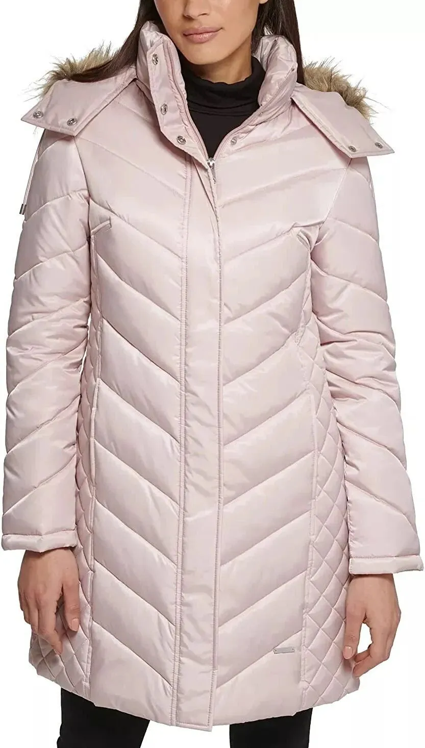 Kenneth Cole Women's Mid-Length Chevron Quilted Puffer Jacket Hooded Coat with Faux Fur Trim