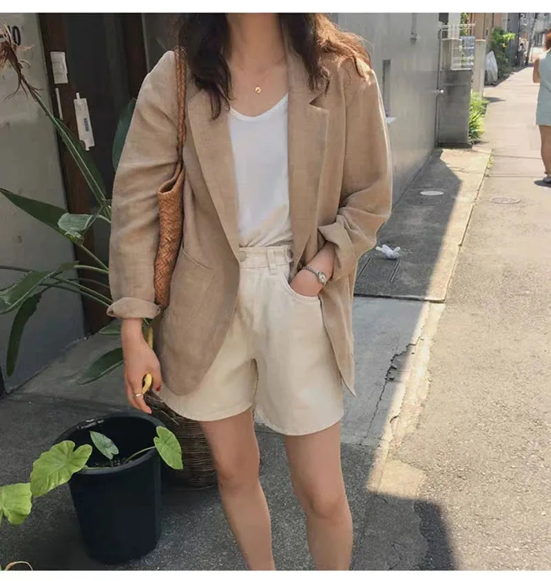 Khaki Casual Thin Cotton Loose Style Blazers