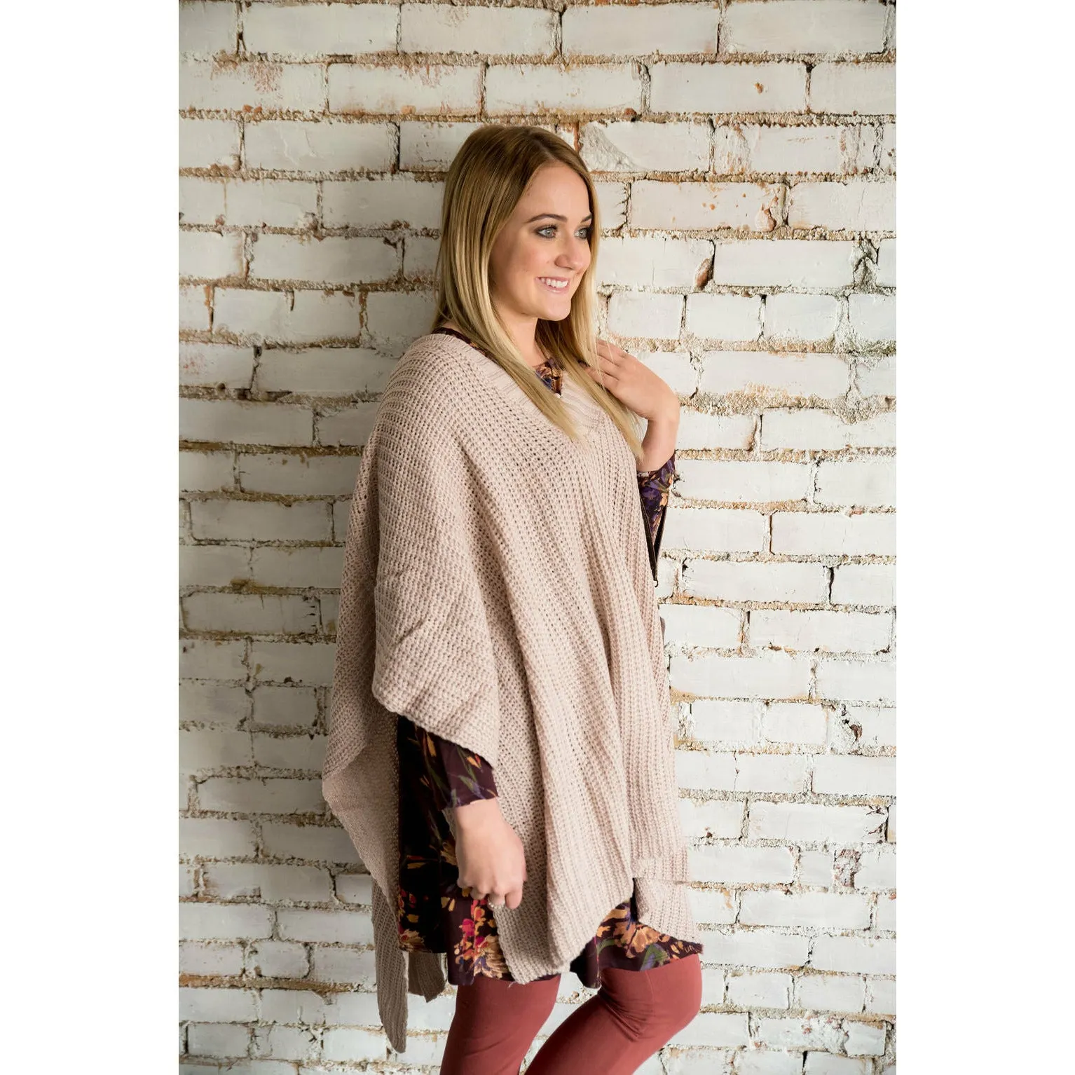 Knit V-Neck Pull Over Poncho