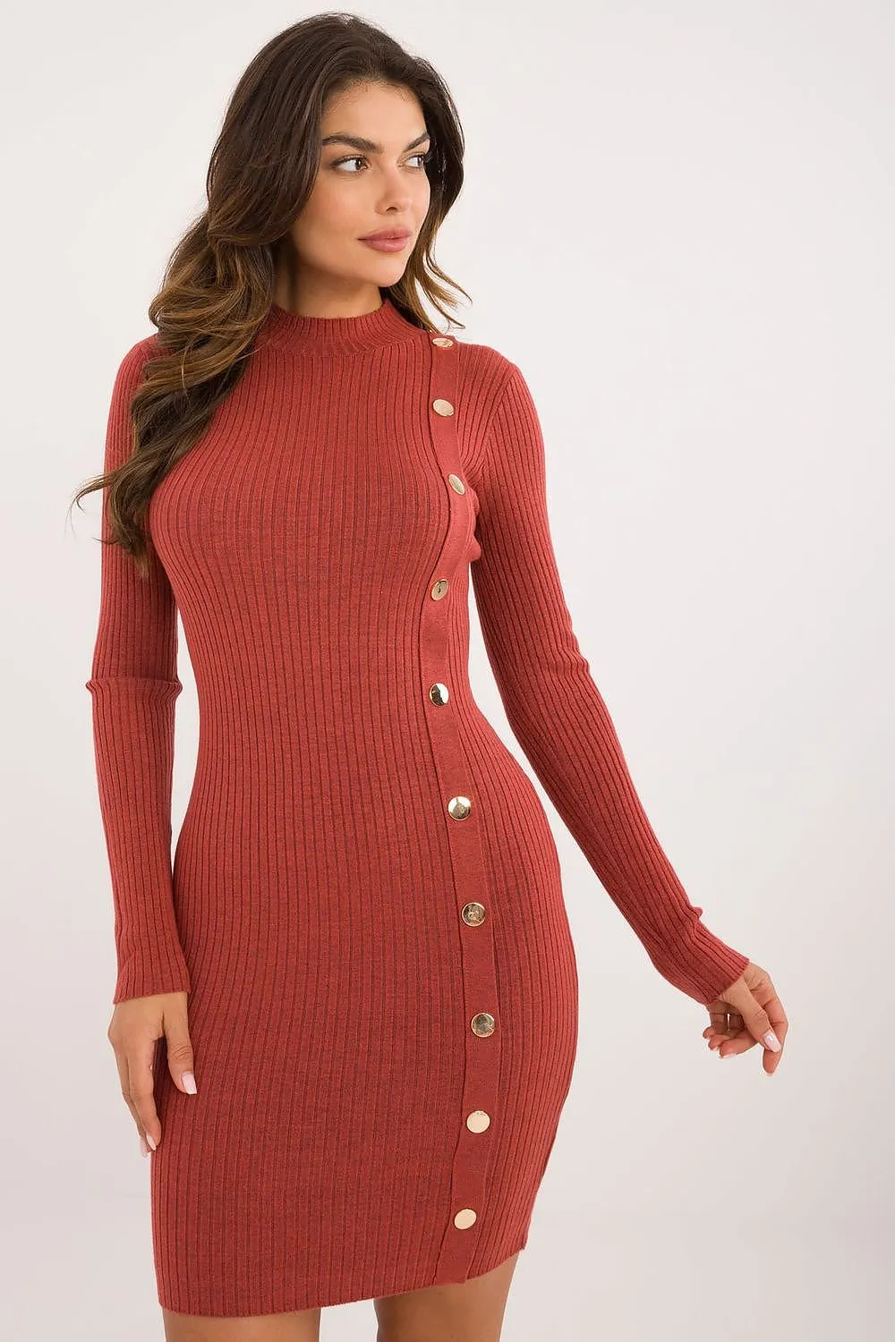 Knitted Fitted Long Sleeve Dress with Buttons in Orange