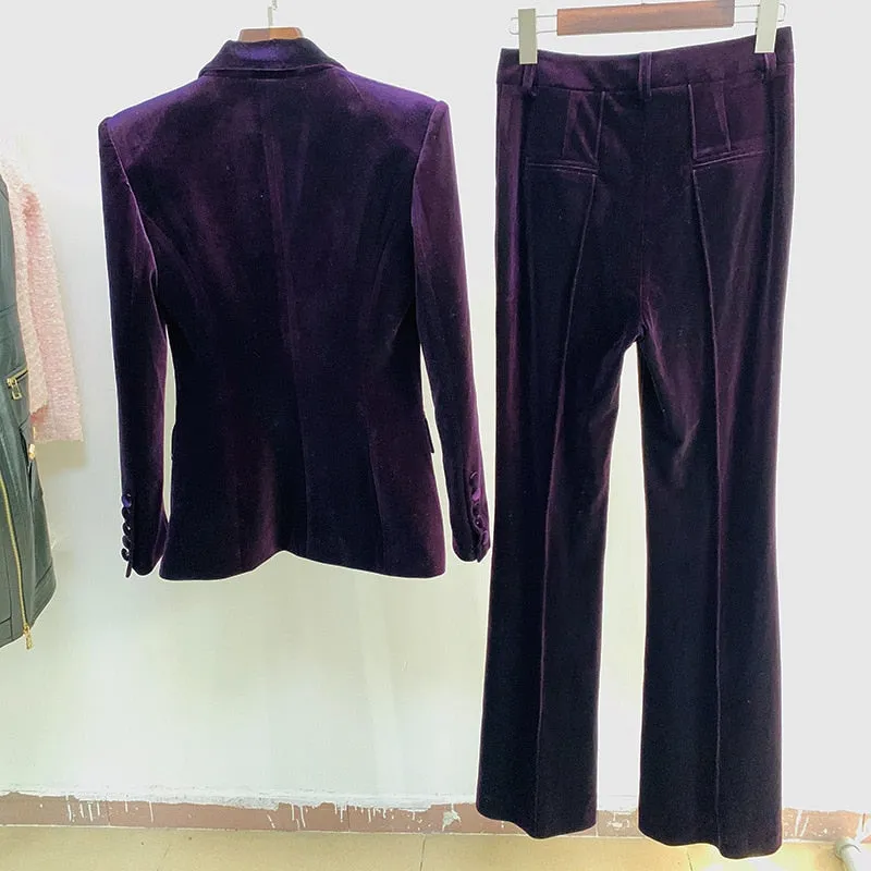 Ladies velvet one button blazer bell bottom pants set