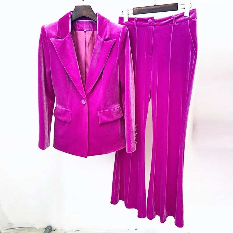 Ladies velvet one button blazer bell bottom pants set