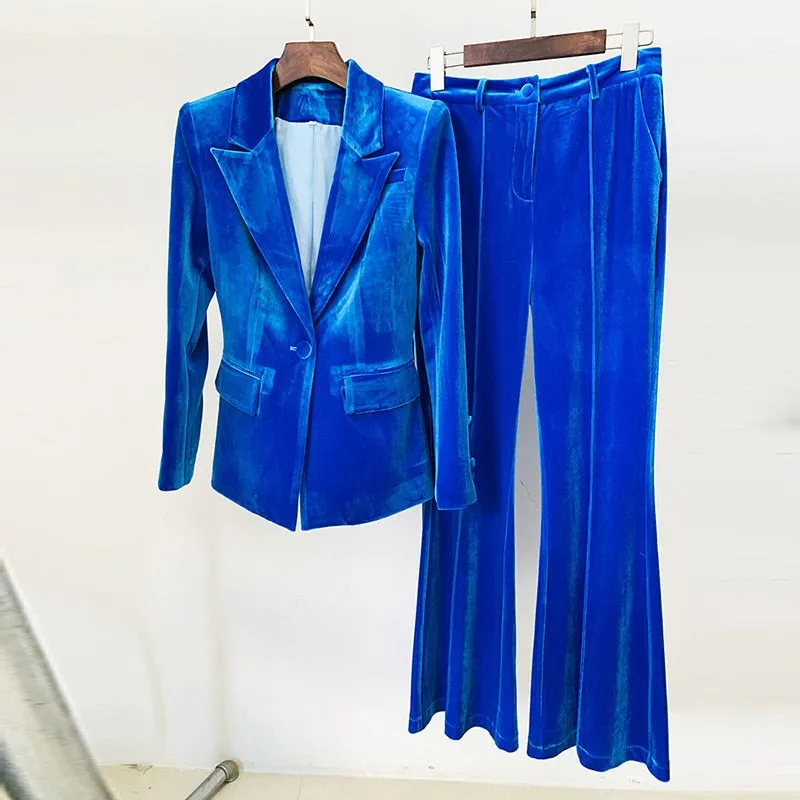 Ladies velvet one button blazer bell bottom pants set