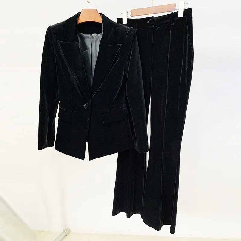 Ladies velvet one button blazer bell bottom pants set