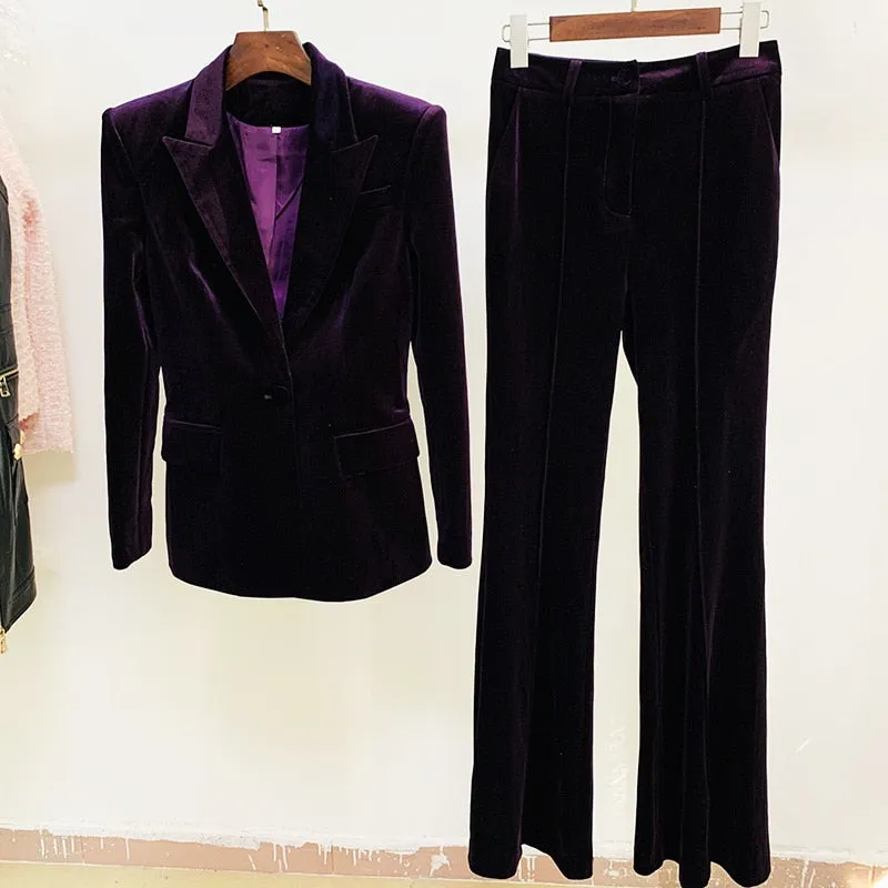 Ladies velvet one button blazer bell bottom pants set