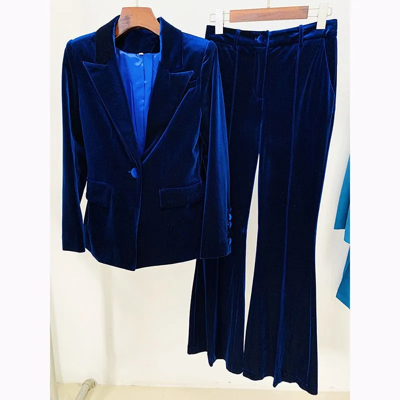 Ladies velvet one button blazer bell bottom pants set