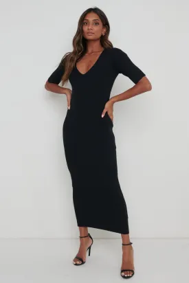 Lara Ribbed Midi Dress - Black