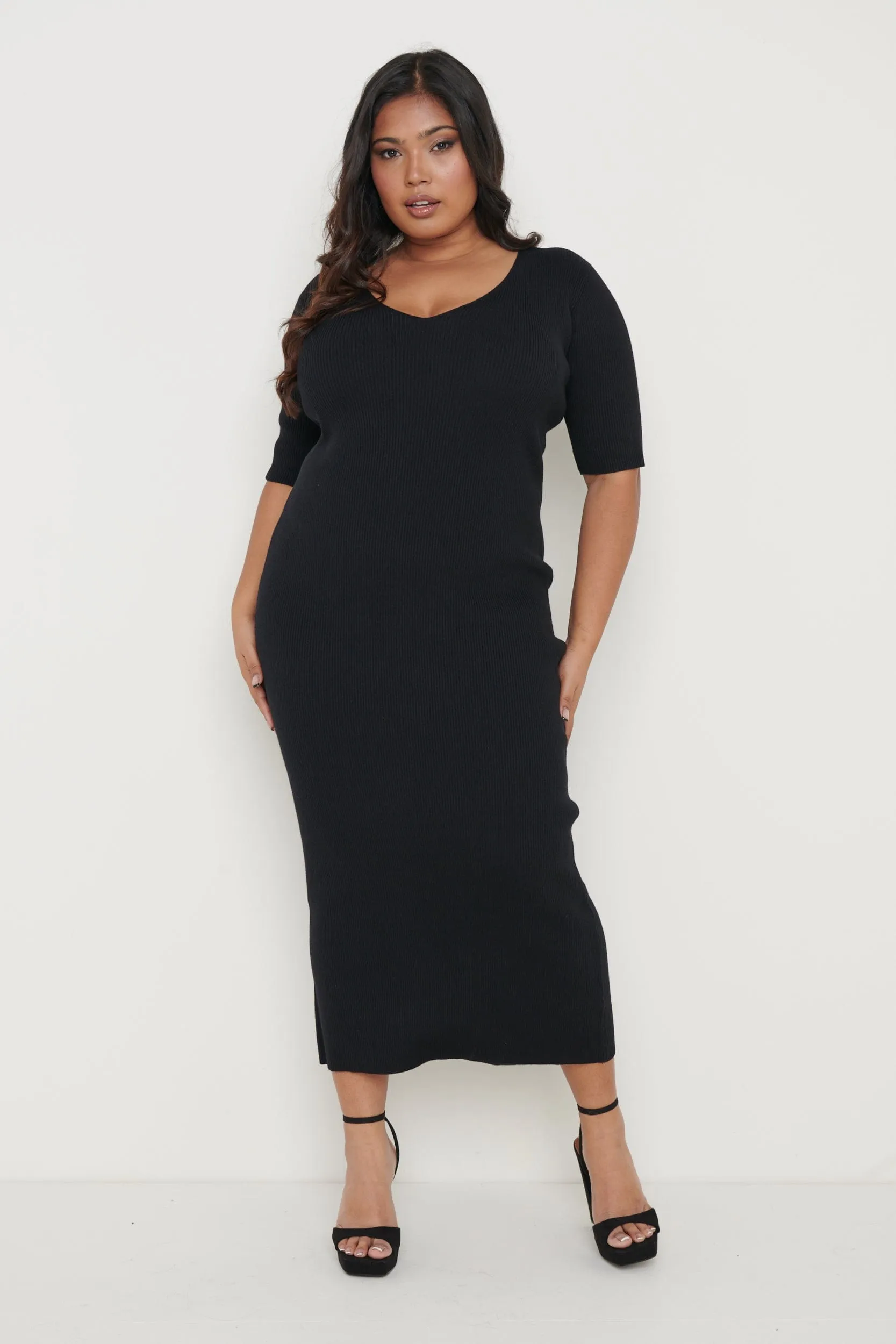 Lara Ribbed Midi Dress - Black