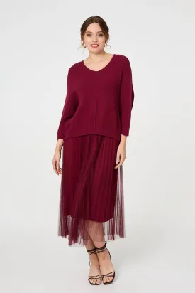 Layered Knit Top Mesh Pleated Midi Dress