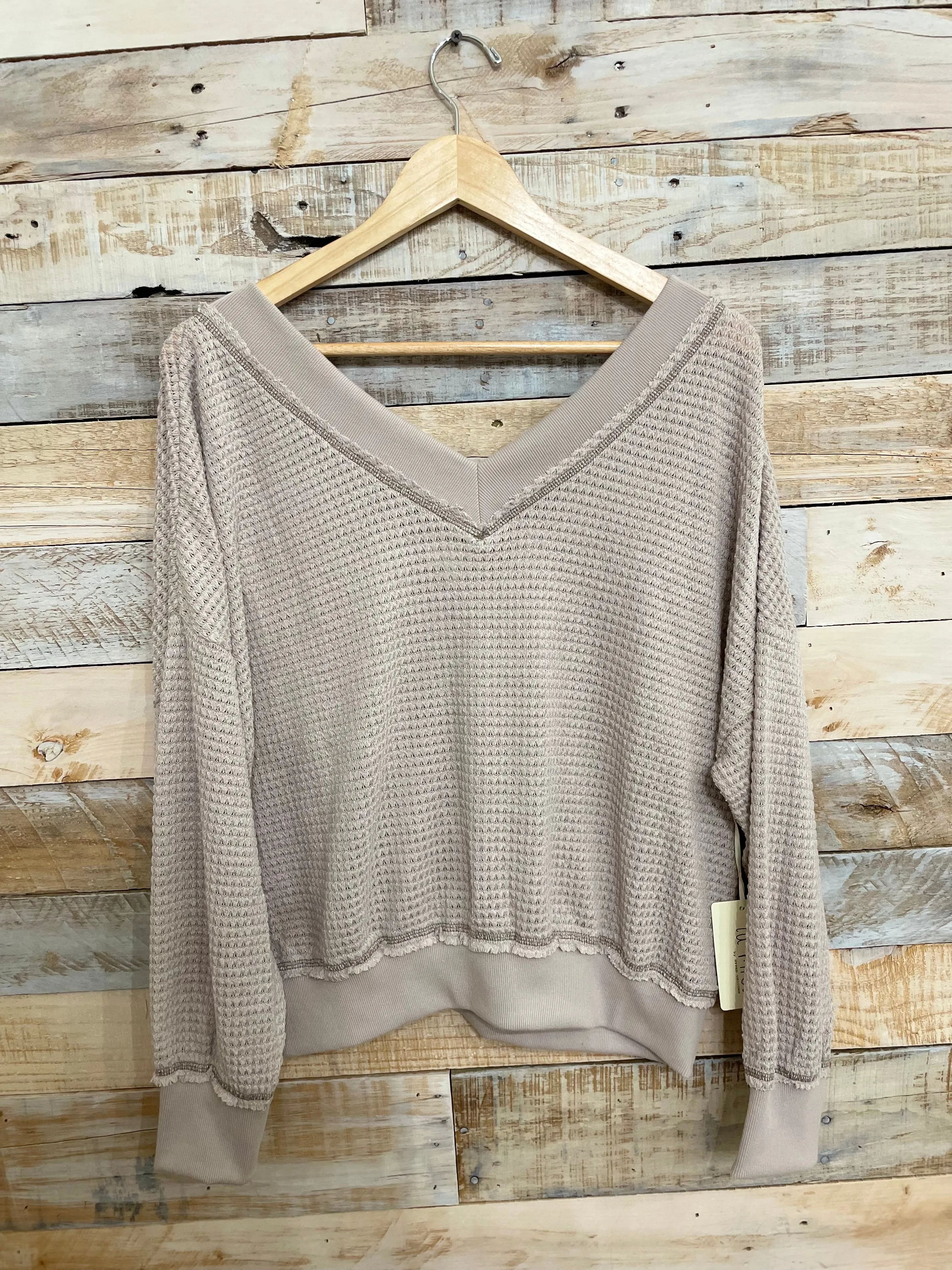 Loose Fit V Neck Waffle Textured Long Sleeve