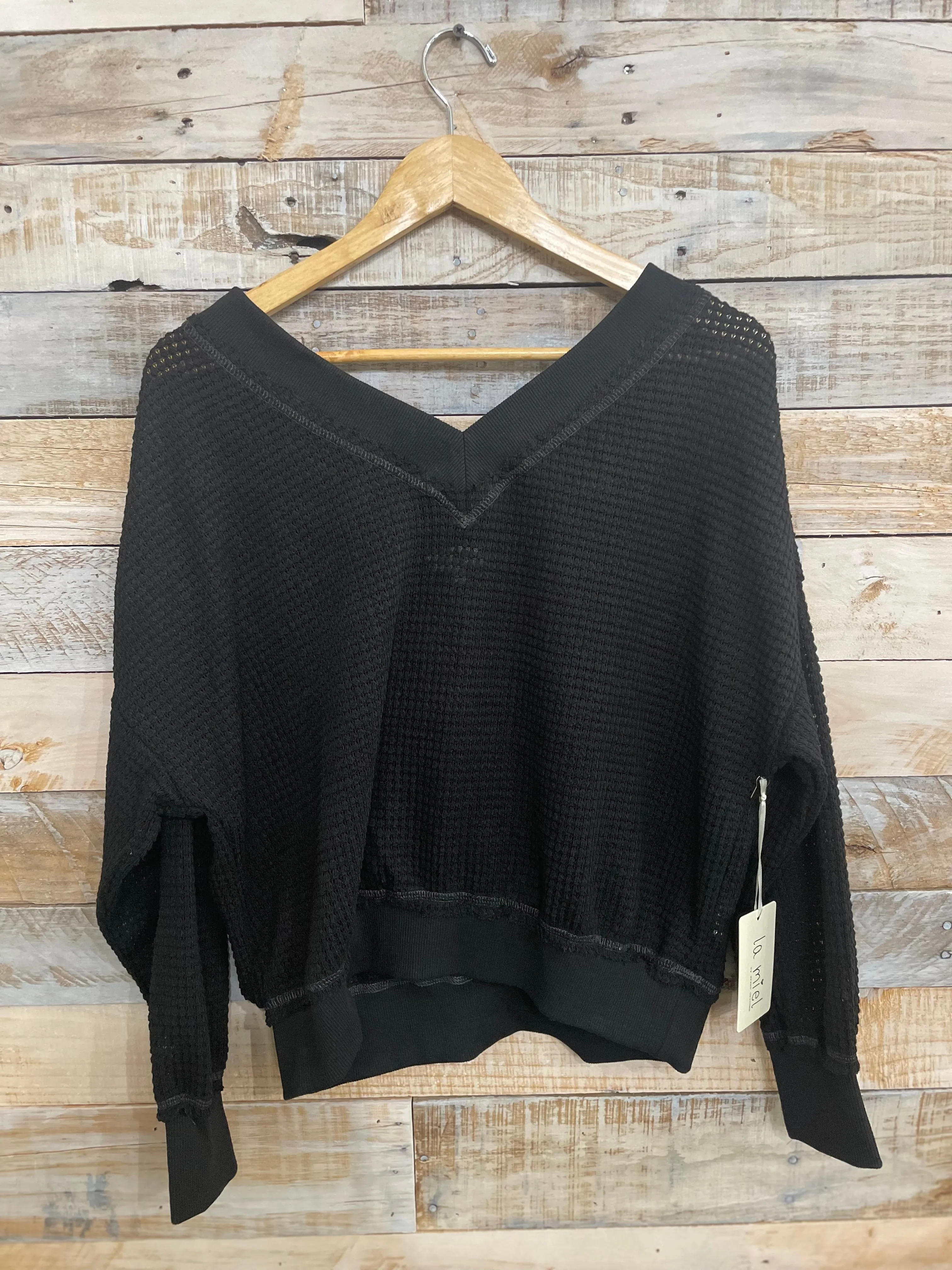 Loose Fit V Neck Waffle Textured Long Sleeve