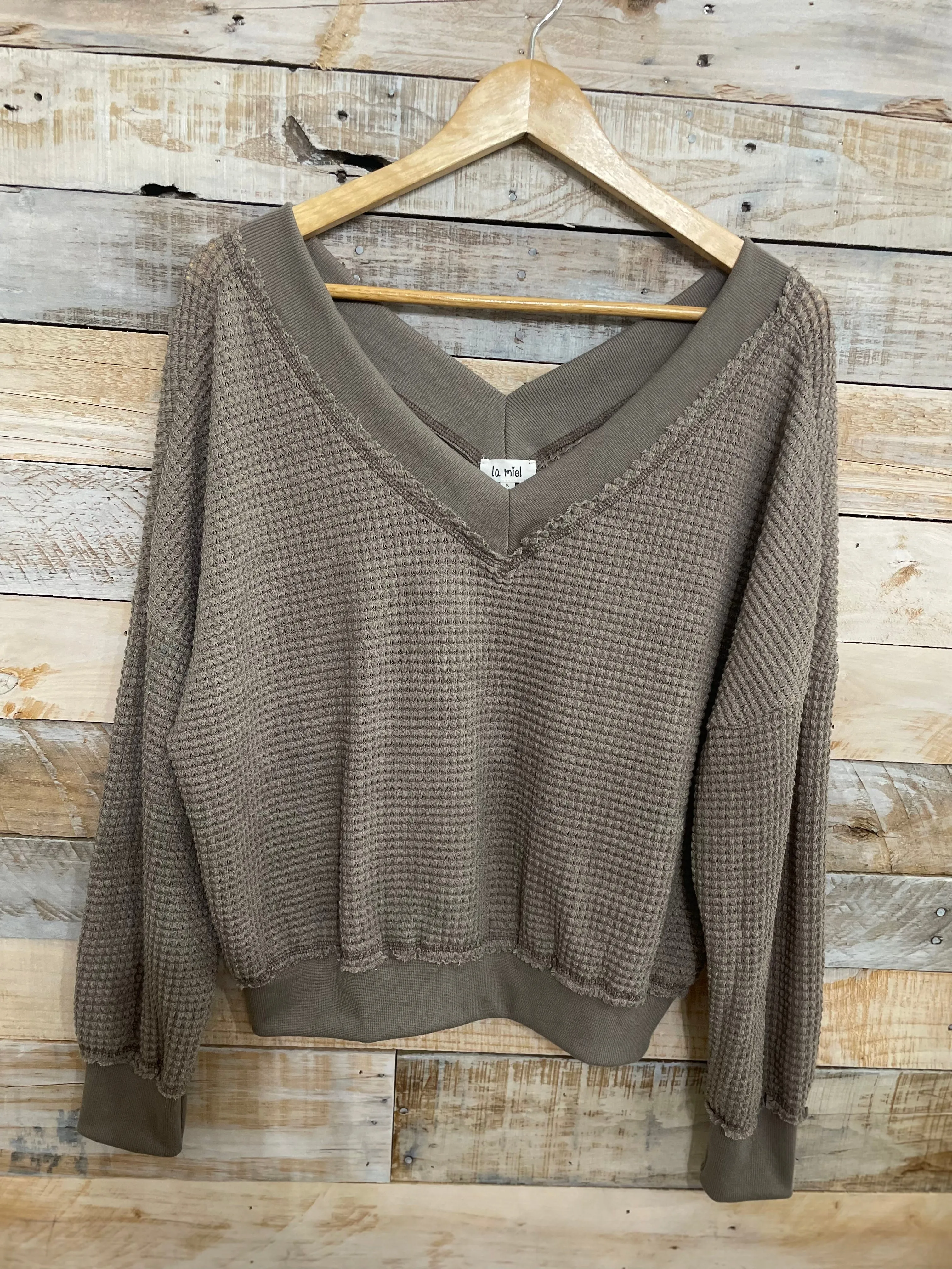 Loose Fit V Neck Waffle Textured Long Sleeve