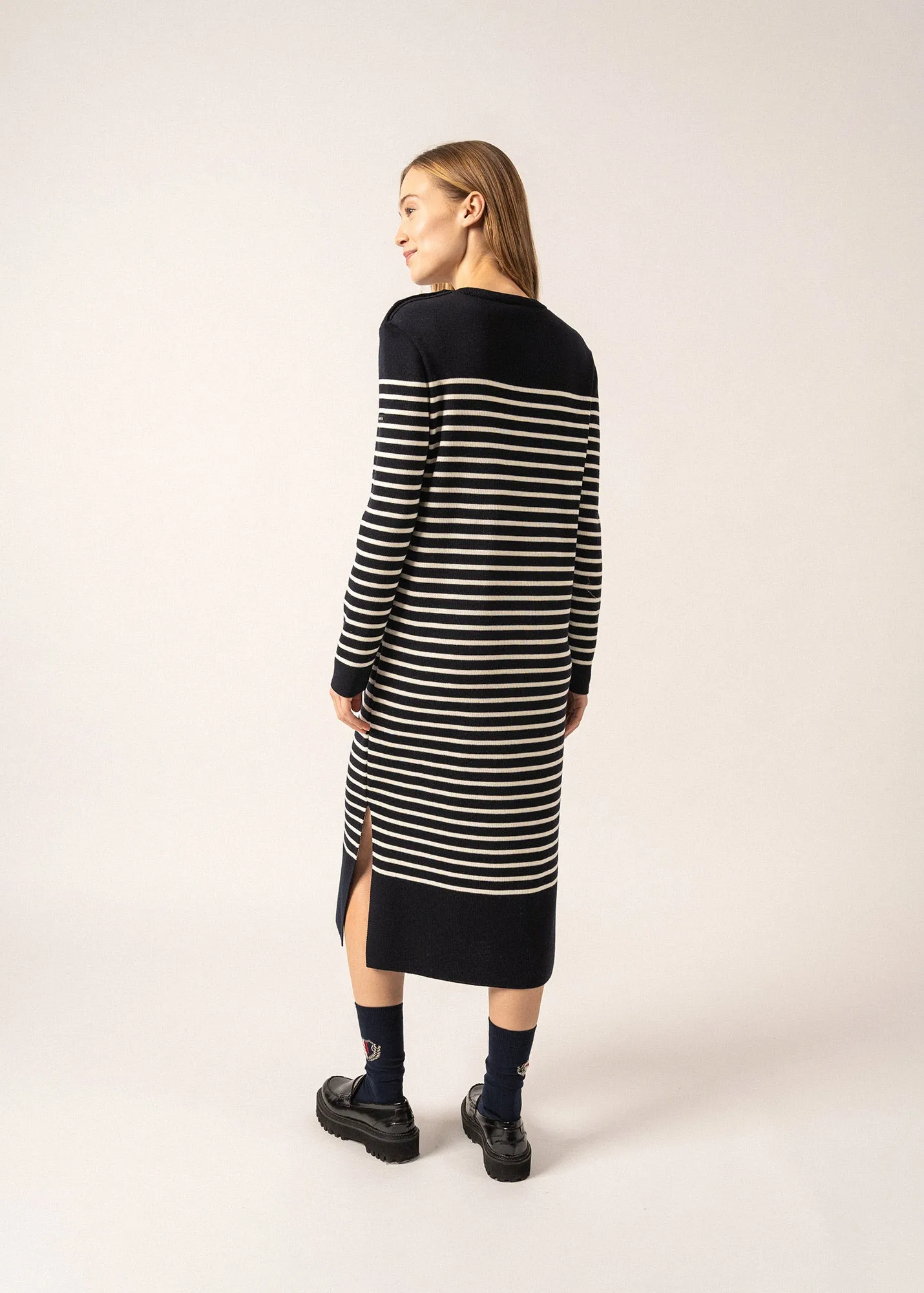 Marée Long Knitted Dress - striped, in wool (NAVY/ECUME)