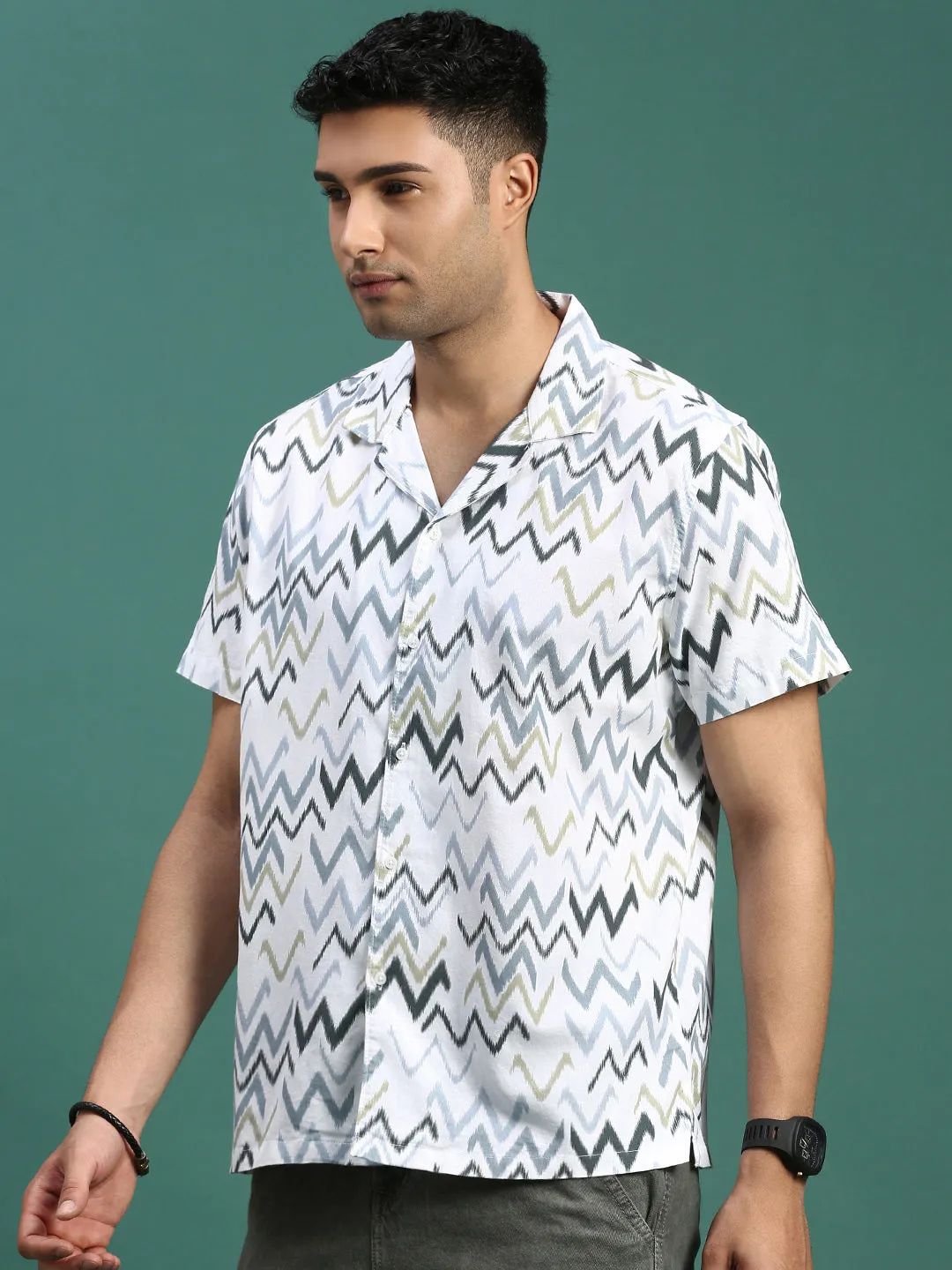 Men Cuban Collar Abstract White Relaxed Fit Shirt