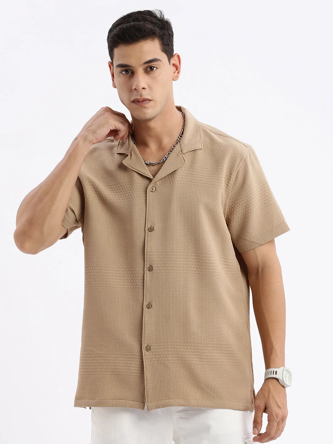 Men Cuban Collar Solid Relaxed Fit Khaki Shirt