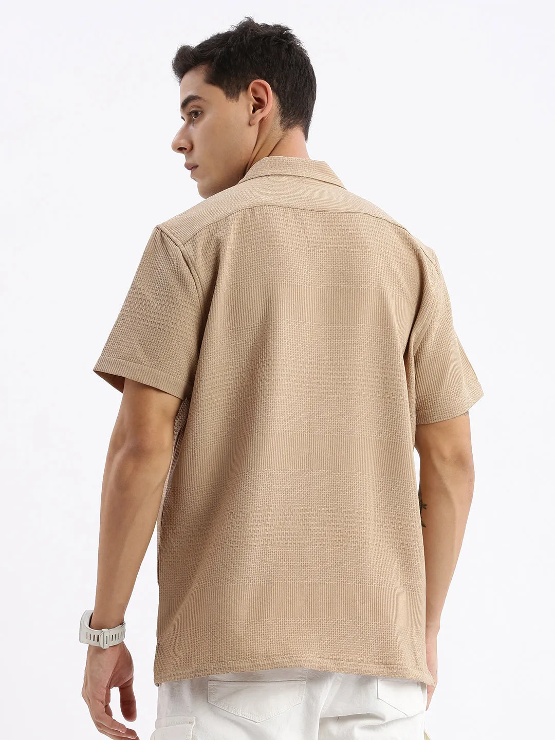 Men Cuban Collar Solid Relaxed Fit Khaki Shirt