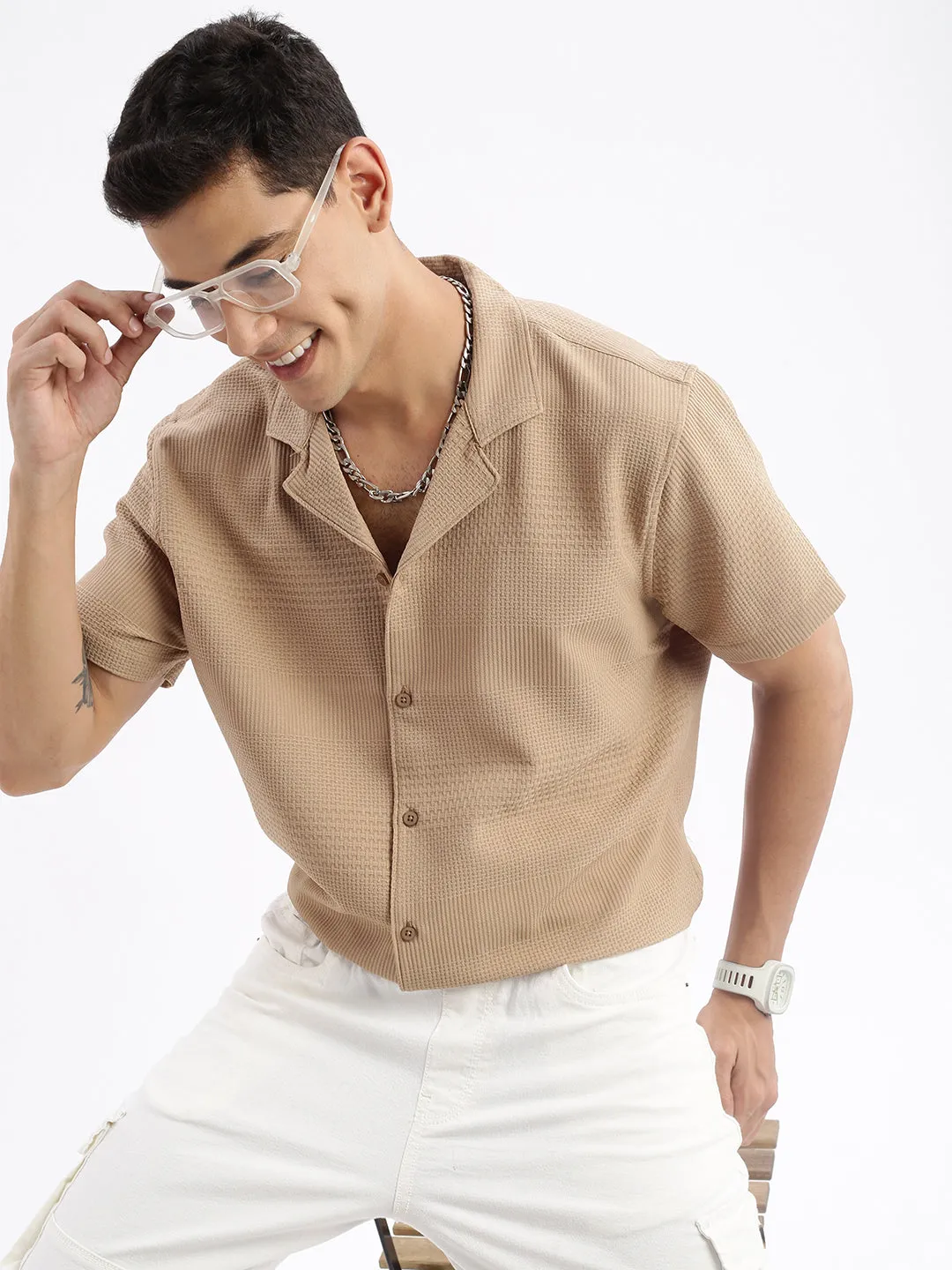 Men Cuban Collar Solid Relaxed Fit Khaki Shirt