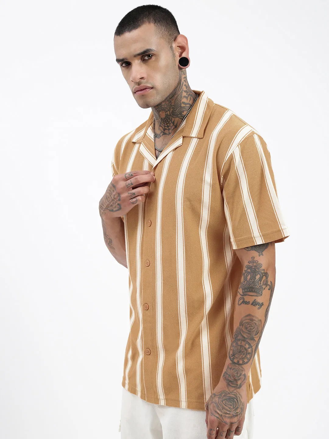 Men Striped Beige Relaxed Fit Shirt