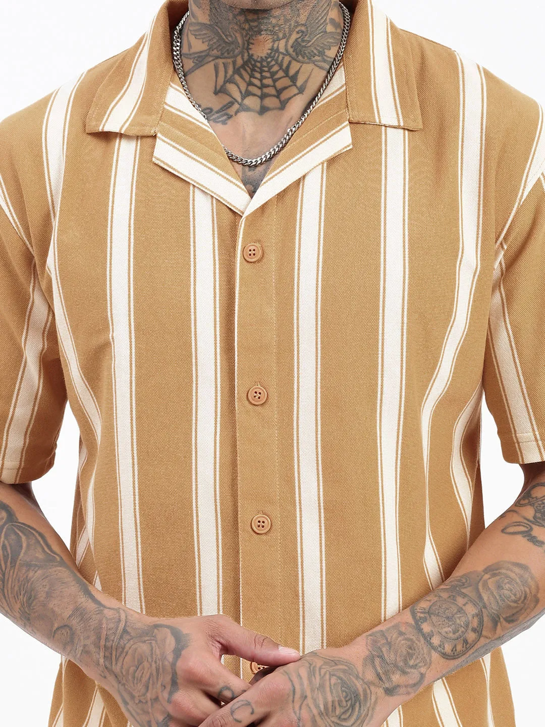 Men Striped Beige Relaxed Fit Shirt