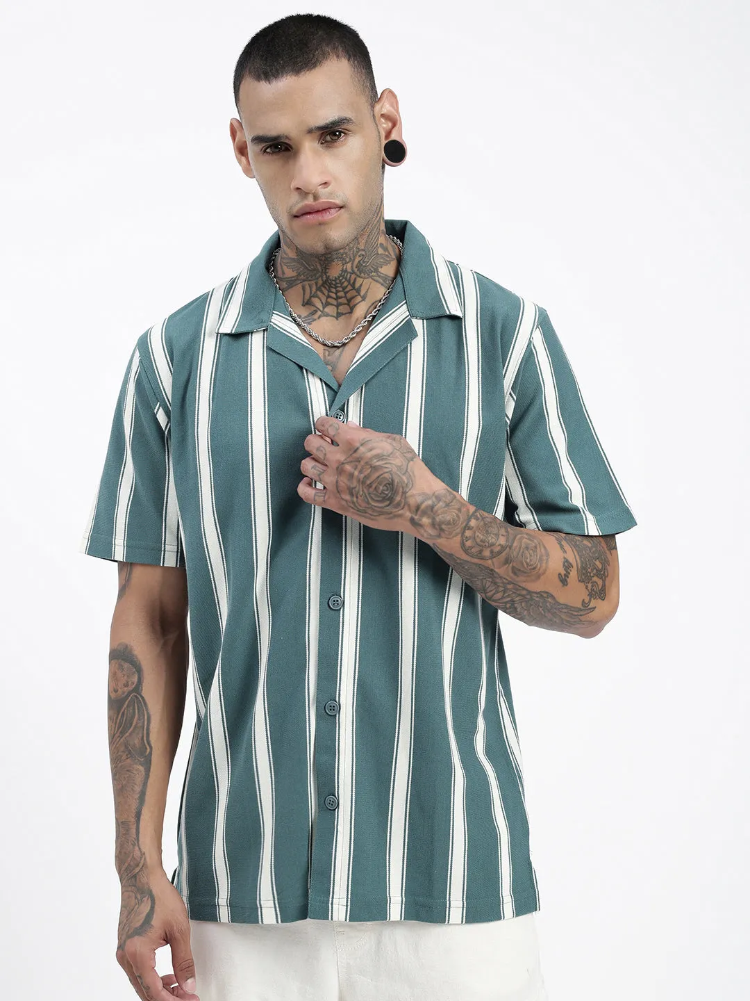 Men Striped Teal Relaxed Fit Shirt