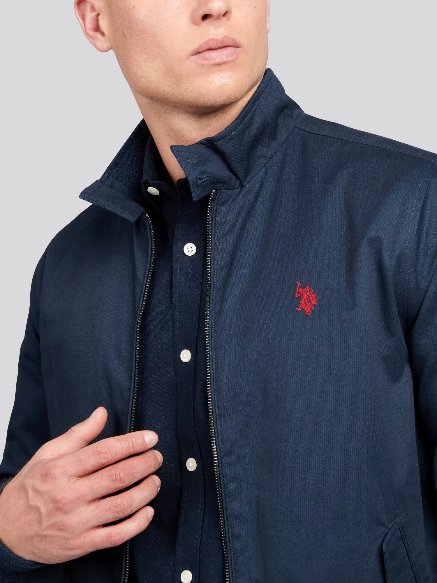 Mens Cotton Twill Harrington Jacket in Dark Sapphire Navy / Haute Red DHM