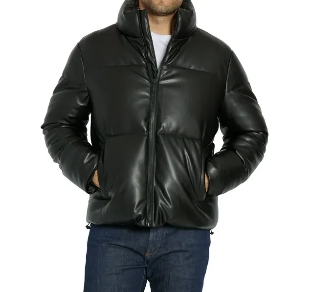 Men's Faux-Leather Puffer Stand-up collar Jacket