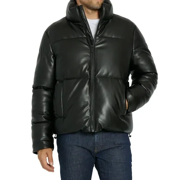 Men's Faux-Leather Puffer Stand-up collar Jacket