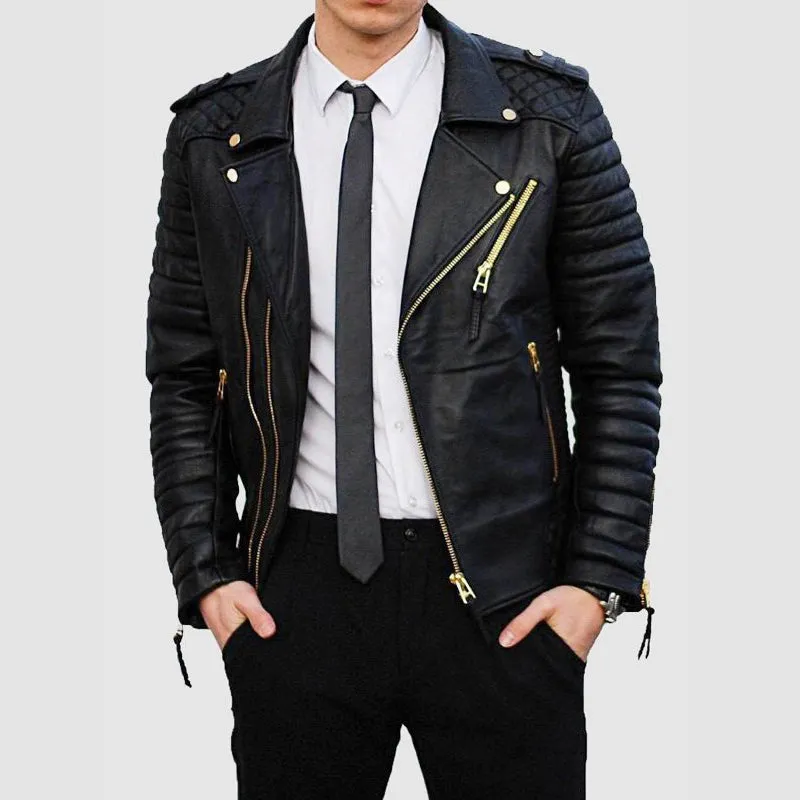 Mens Quilted Leather Biker Jacket