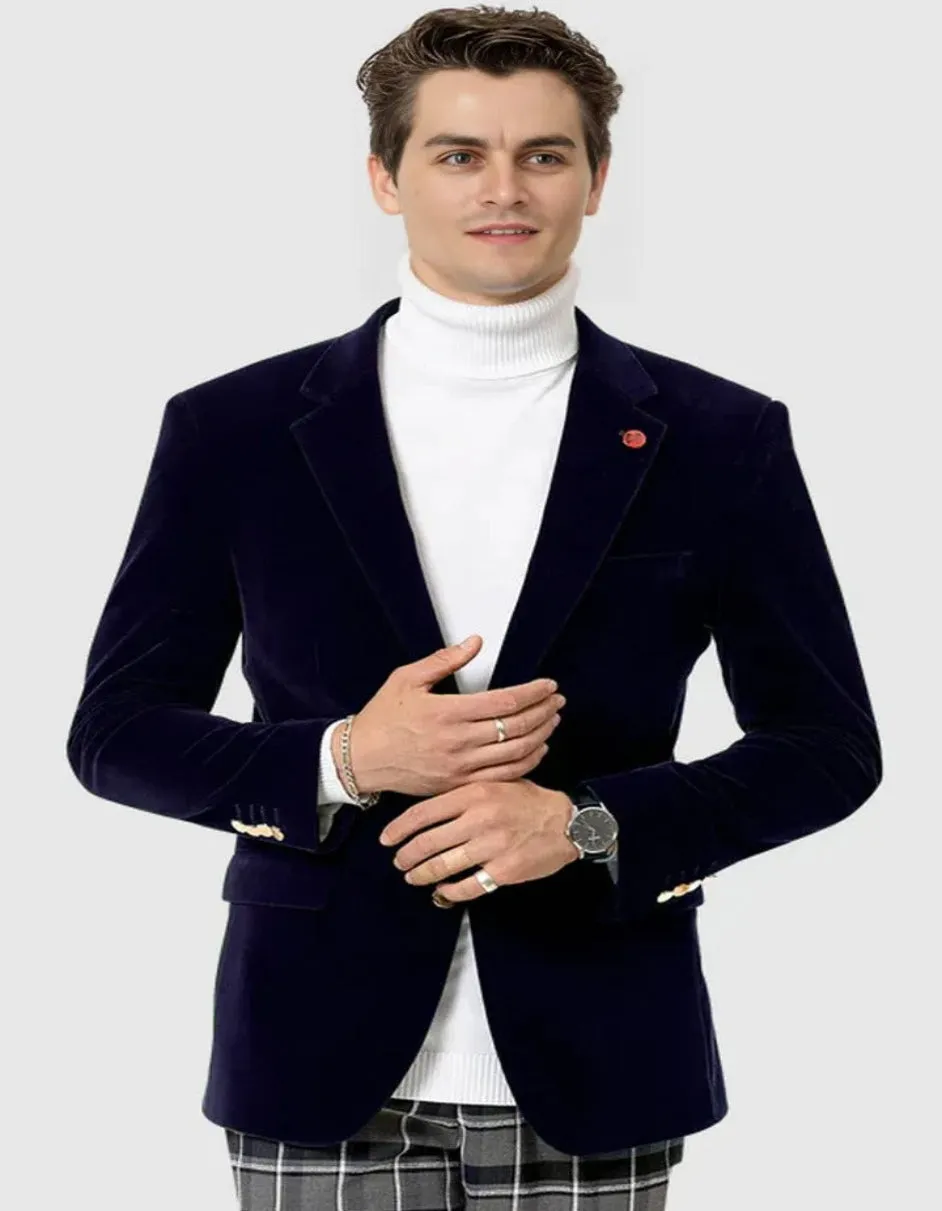 Mens Velvet Dinner Jacket - Velvet Tuxedo Two Button Jacket in Color Navy