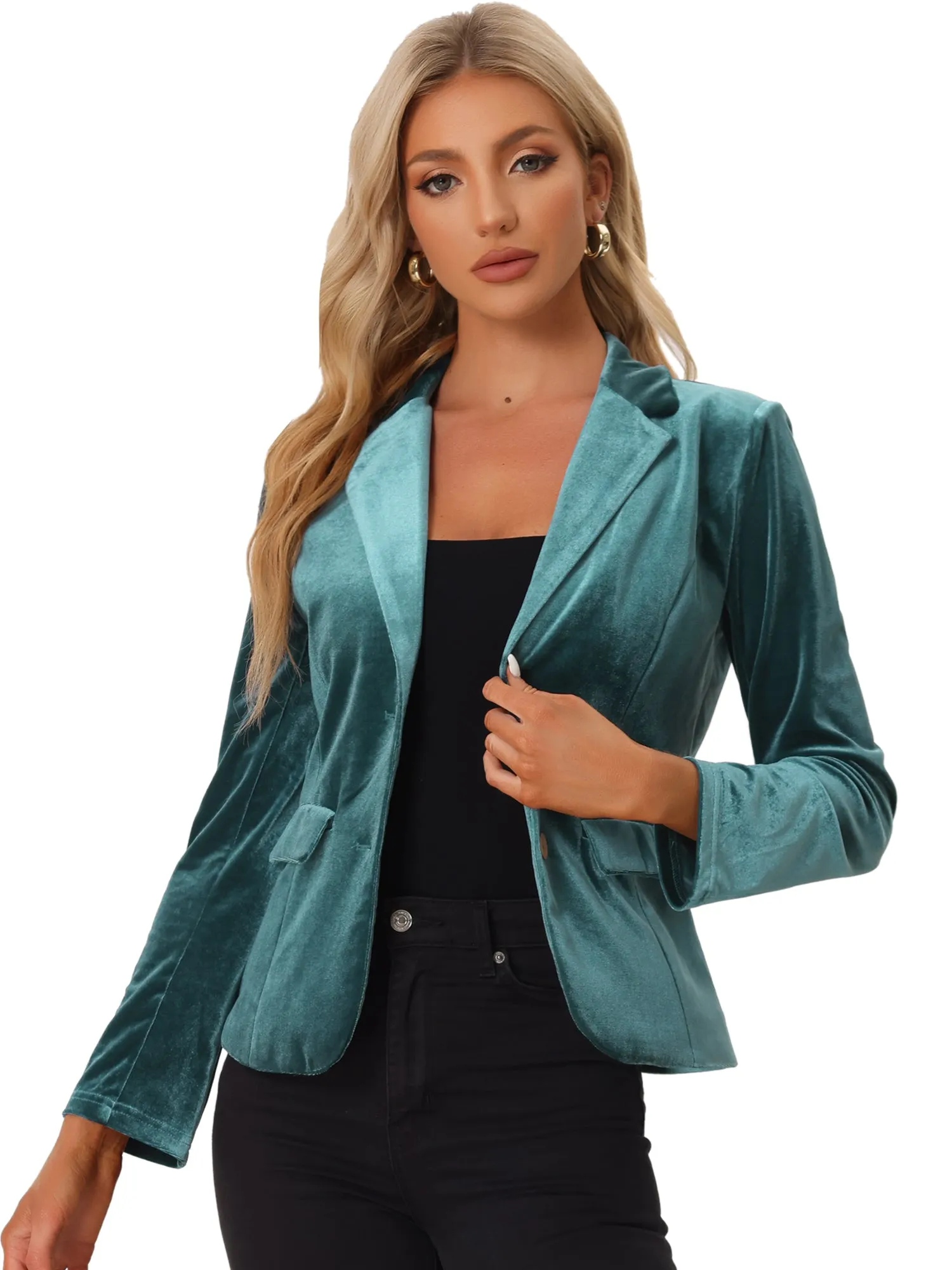 Notched Lapel Vintage Office Button Front Velvet Blazer