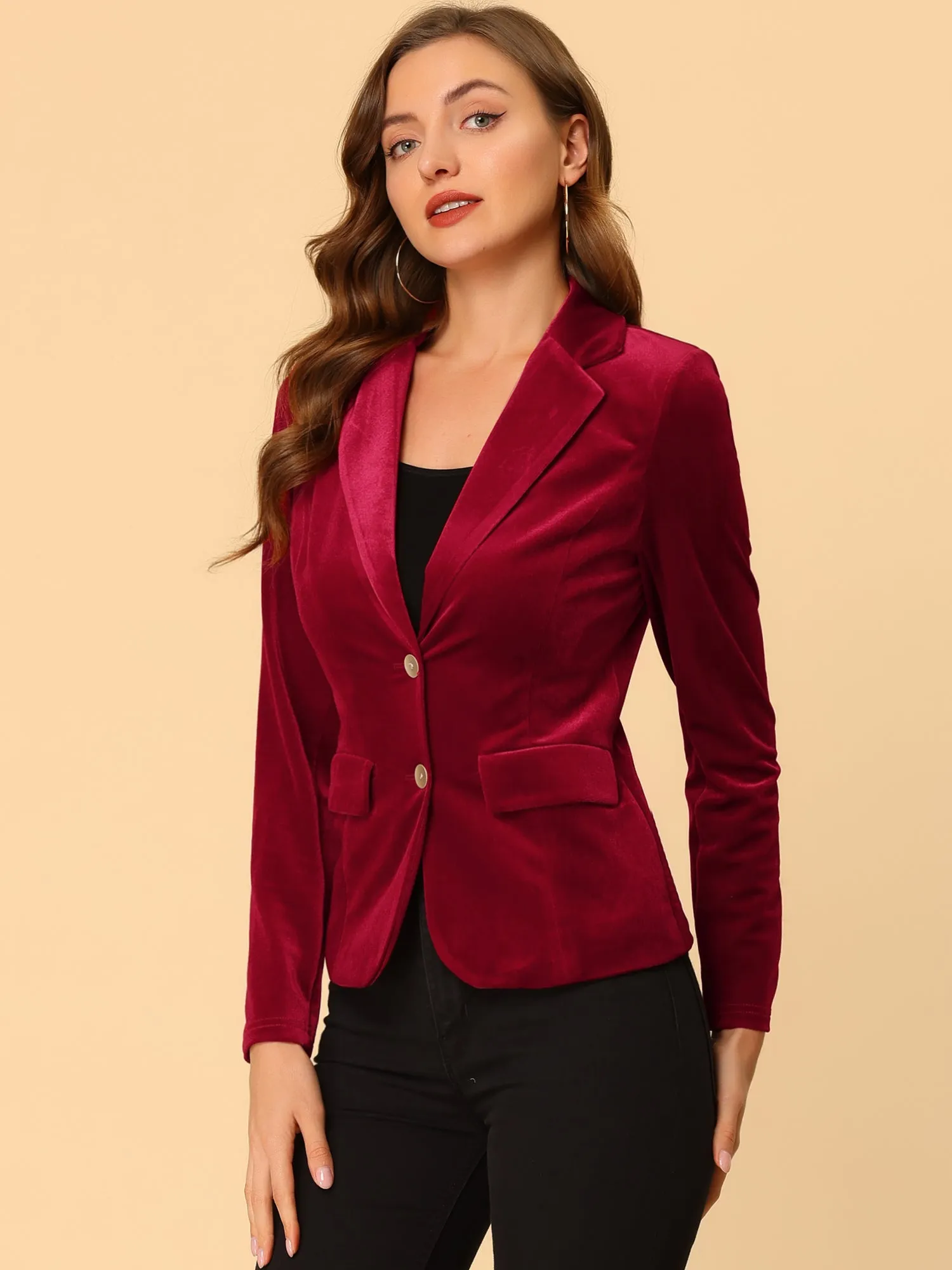 Notched Lapel Vintage Office Button Front Velvet Blazer