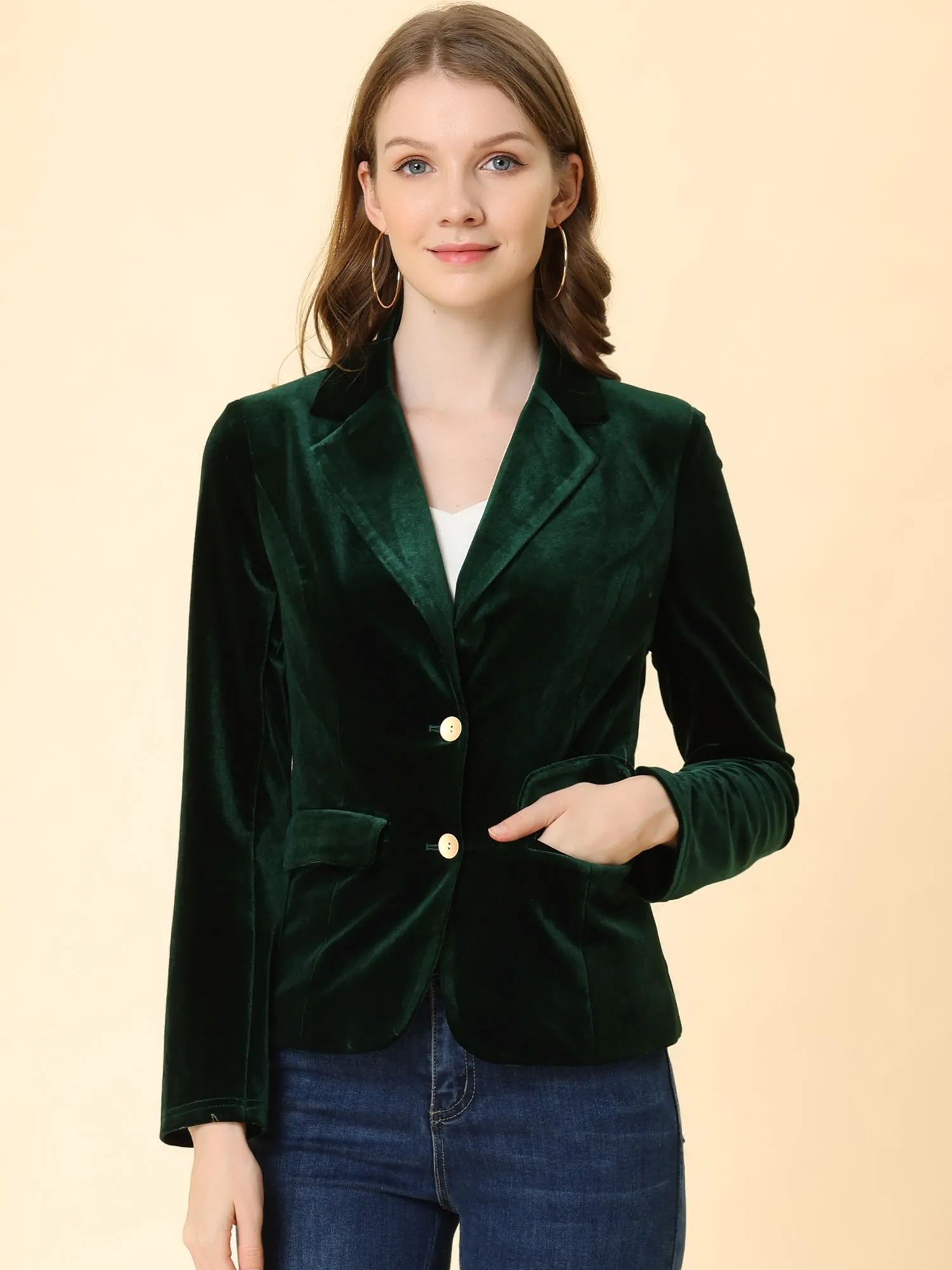 Notched Lapel Vintage Office Button Front Velvet Blazer