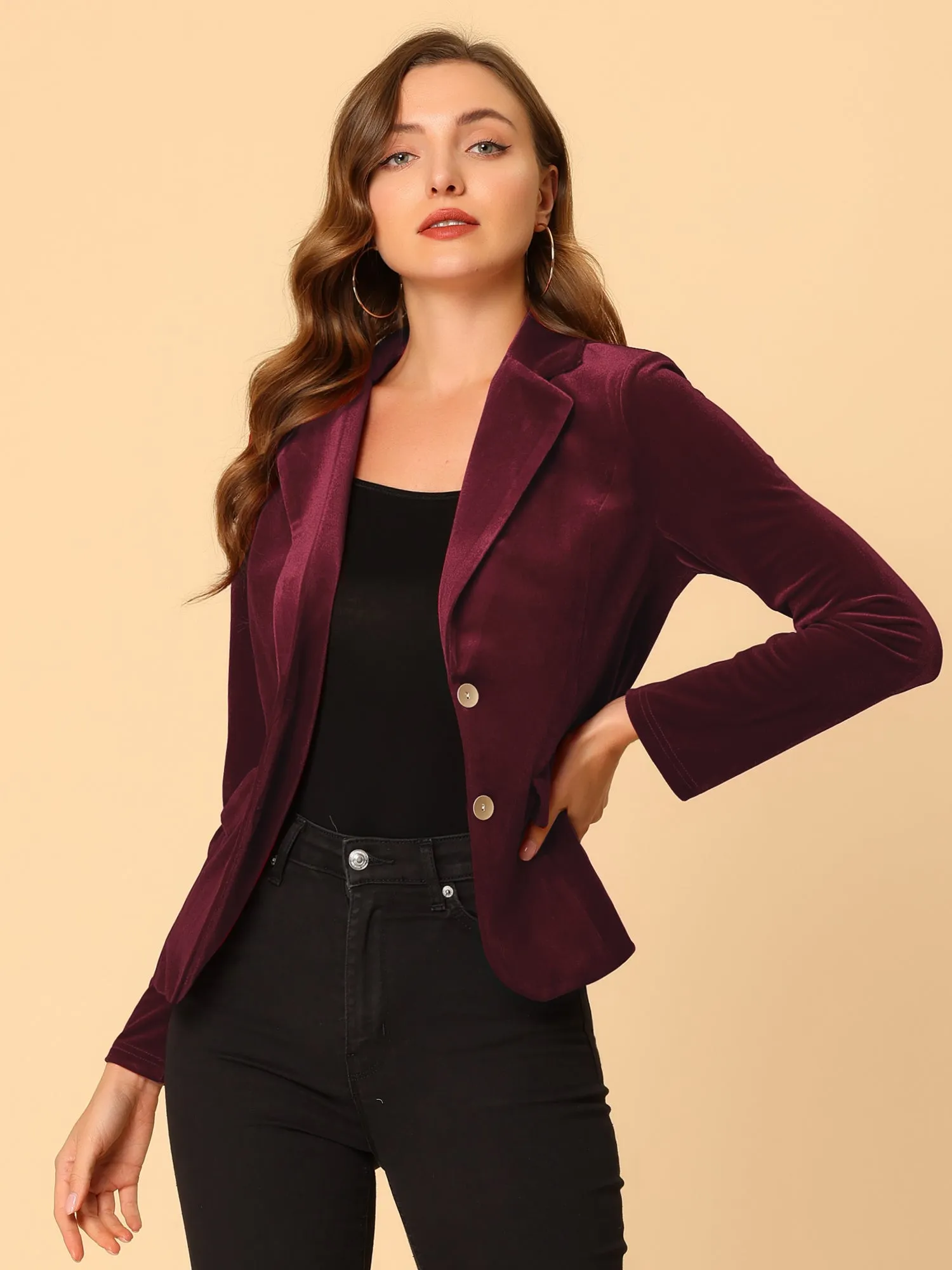 Notched Lapel Vintage Office Button Front Velvet Blazer