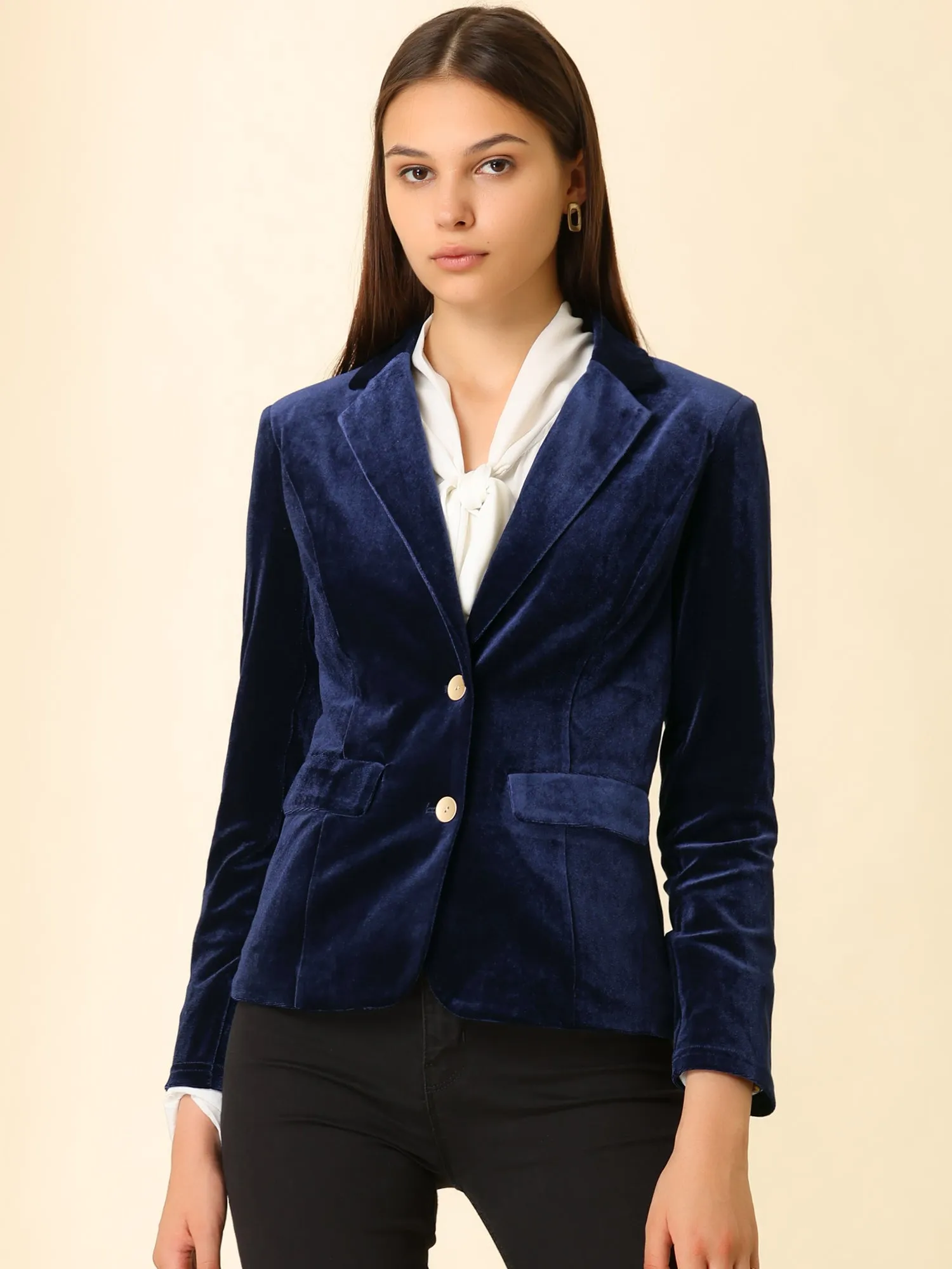 Notched Lapel Vintage Office Button Front Velvet Blazer