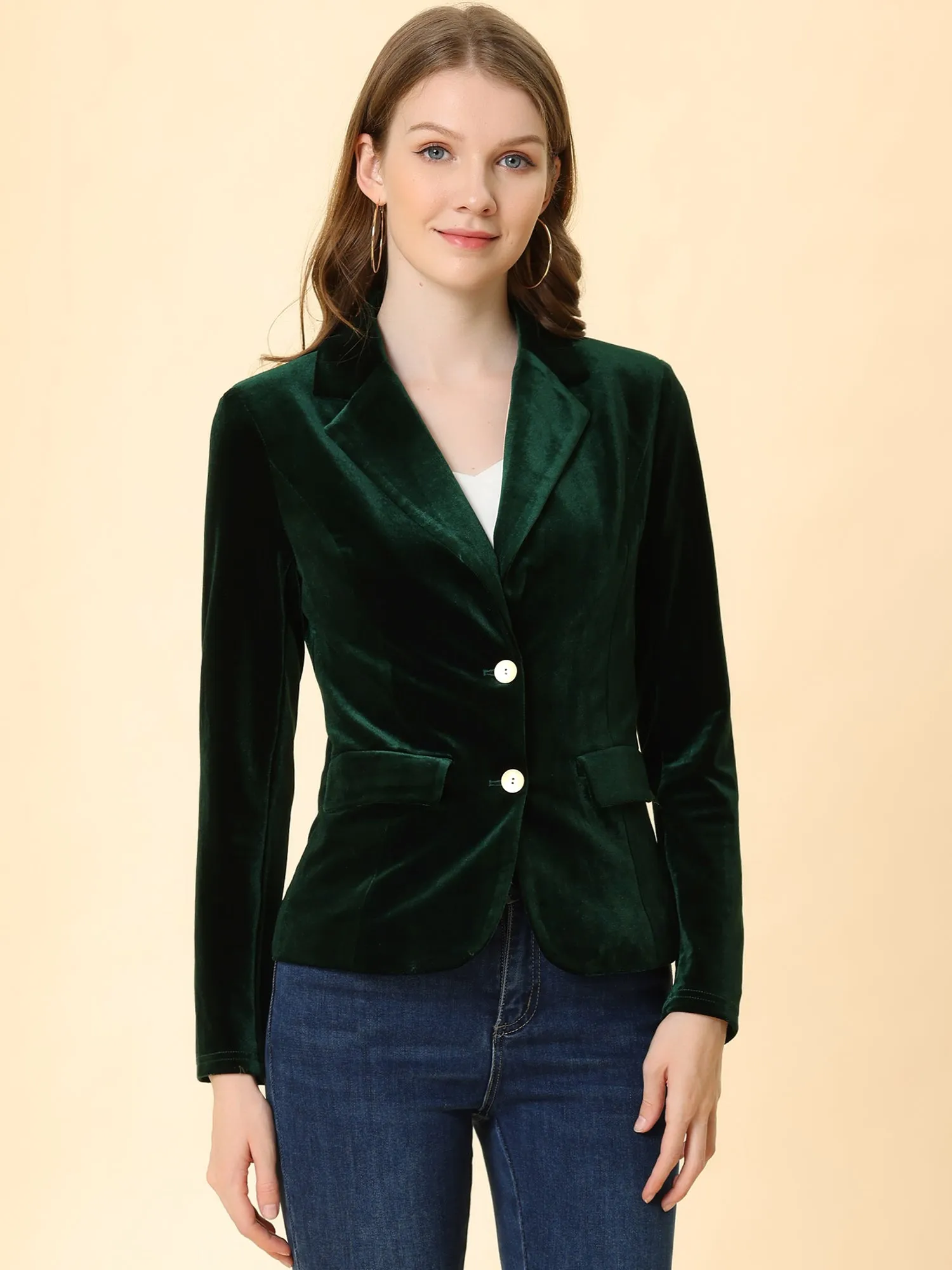 Notched Lapel Vintage Office Button Front Velvet Blazer