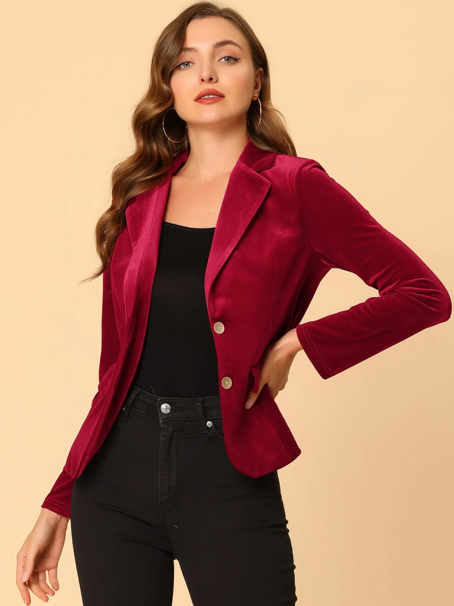 Notched Lapel Vintage Office Button Front Velvet Blazer