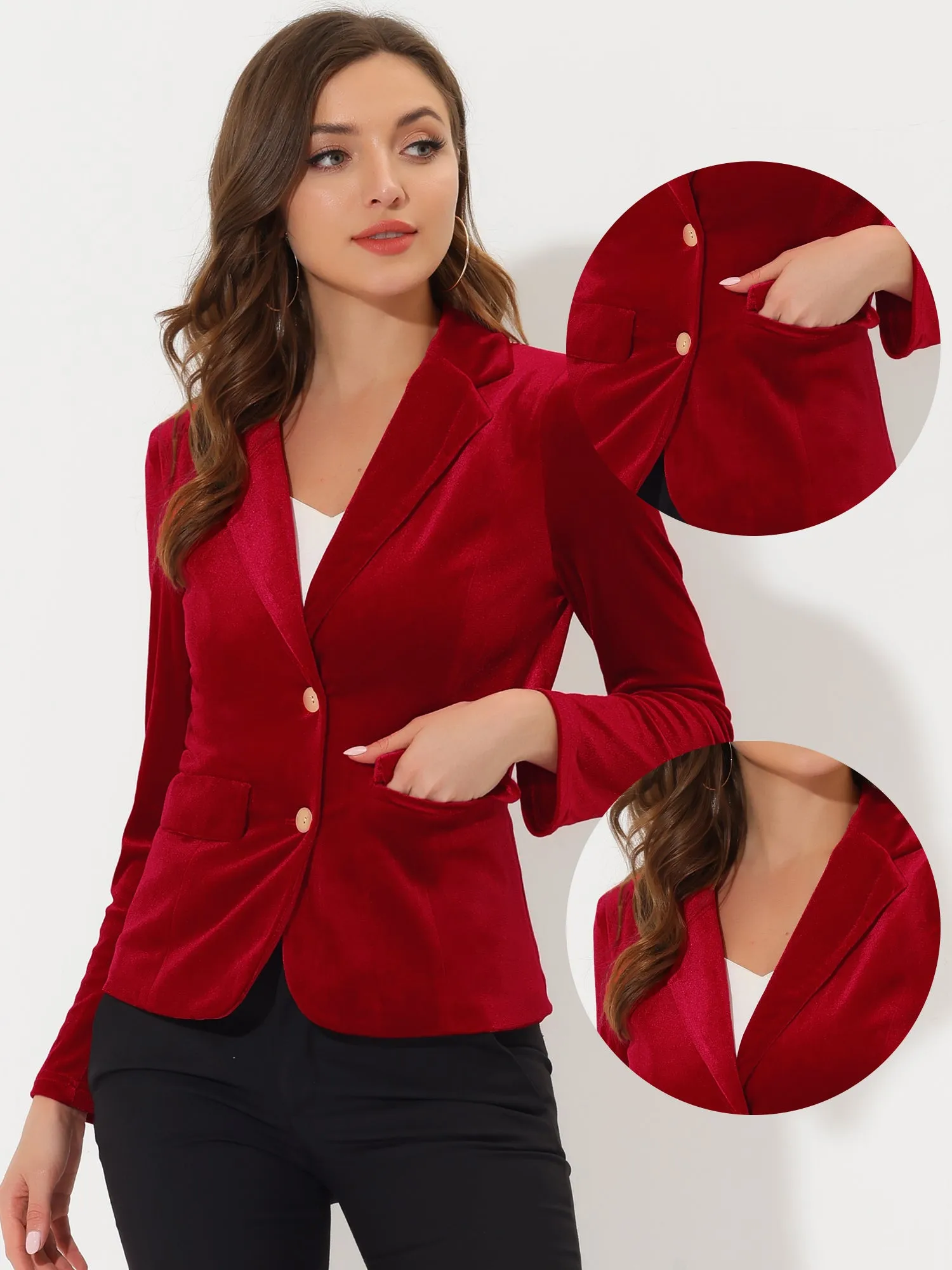 Notched Lapel Vintage Office Button Front Velvet Blazer