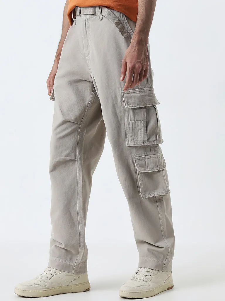 Nuon Beige Cargo-Style Relaxed-Fit Mid-Rise Cotton Chinos